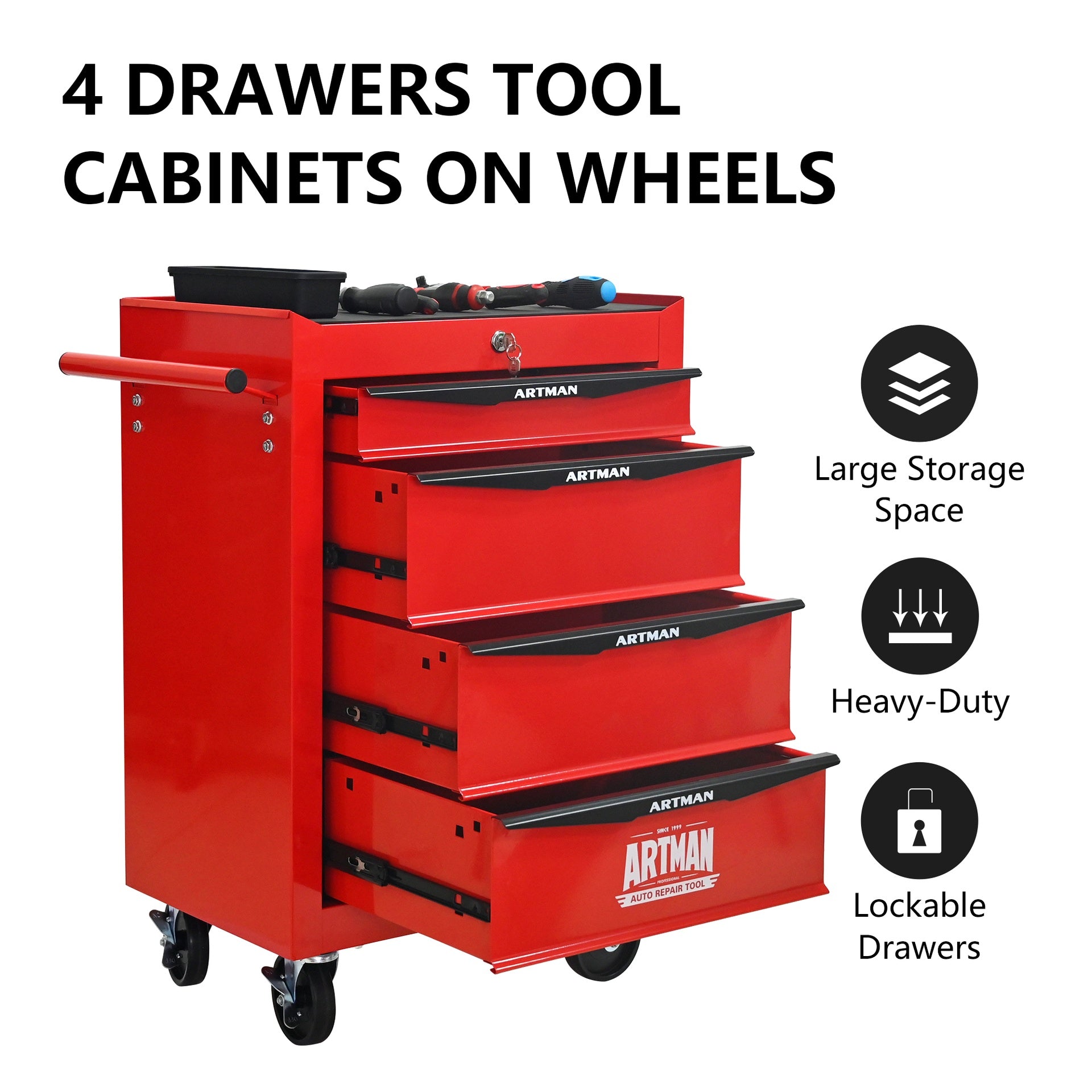 Rolling Metal Tool Chest with 4 Drawers, 20" 4-Drawer Tool Chest Cabinet with Ball Bearing Drawer Slides, Steel Tool Storage Box Organizer -Red&Black