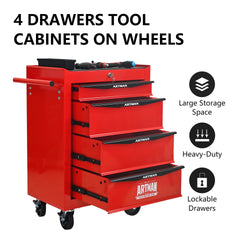 Rolling Metal Tool Chest with 4 Drawers, 20" 4-Drawer Tool Chest Cabinet with Ball Bearing Drawer Slides, Steel Tool Storage Box Organizer -Red&Black
