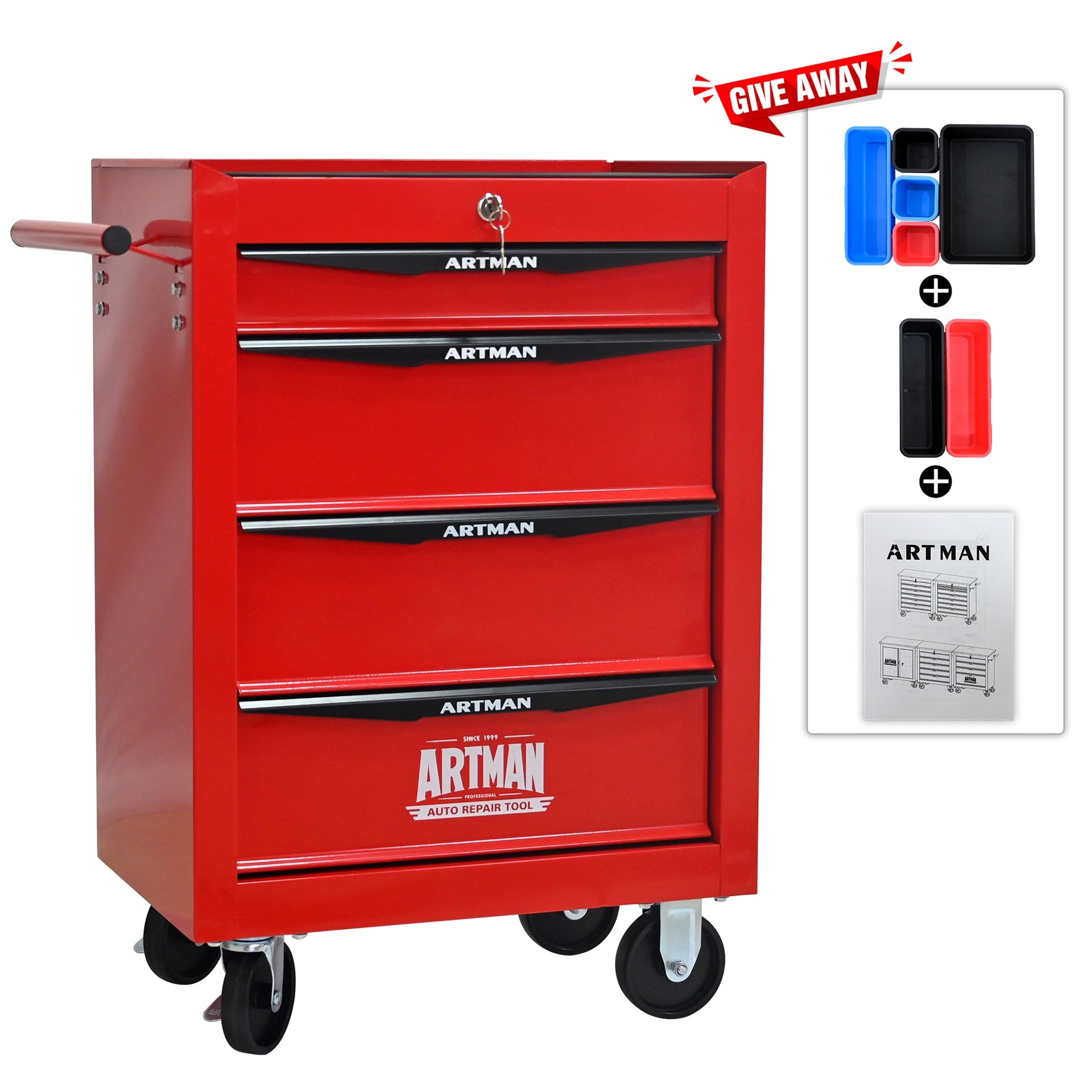 Rolling Metal Tool Chest with 4 Drawers, 20" 4-Drawer Tool Chest Cabinet with Ball Bearing Drawer Slides, Steel Tool Storage Box Organizer -Red&Black