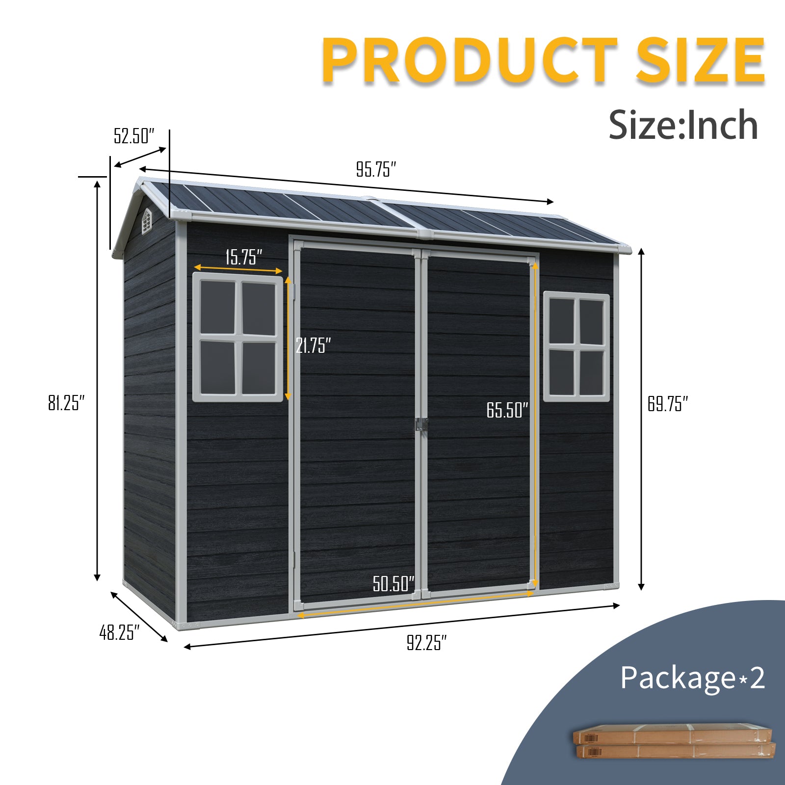 8 ft x 4 ft Outdoor Storage Shed with Two-Window and Double-Door, Plastic Shed with Floor for Gargen,Patio,Yard,Lawn,Black (W540S00046)