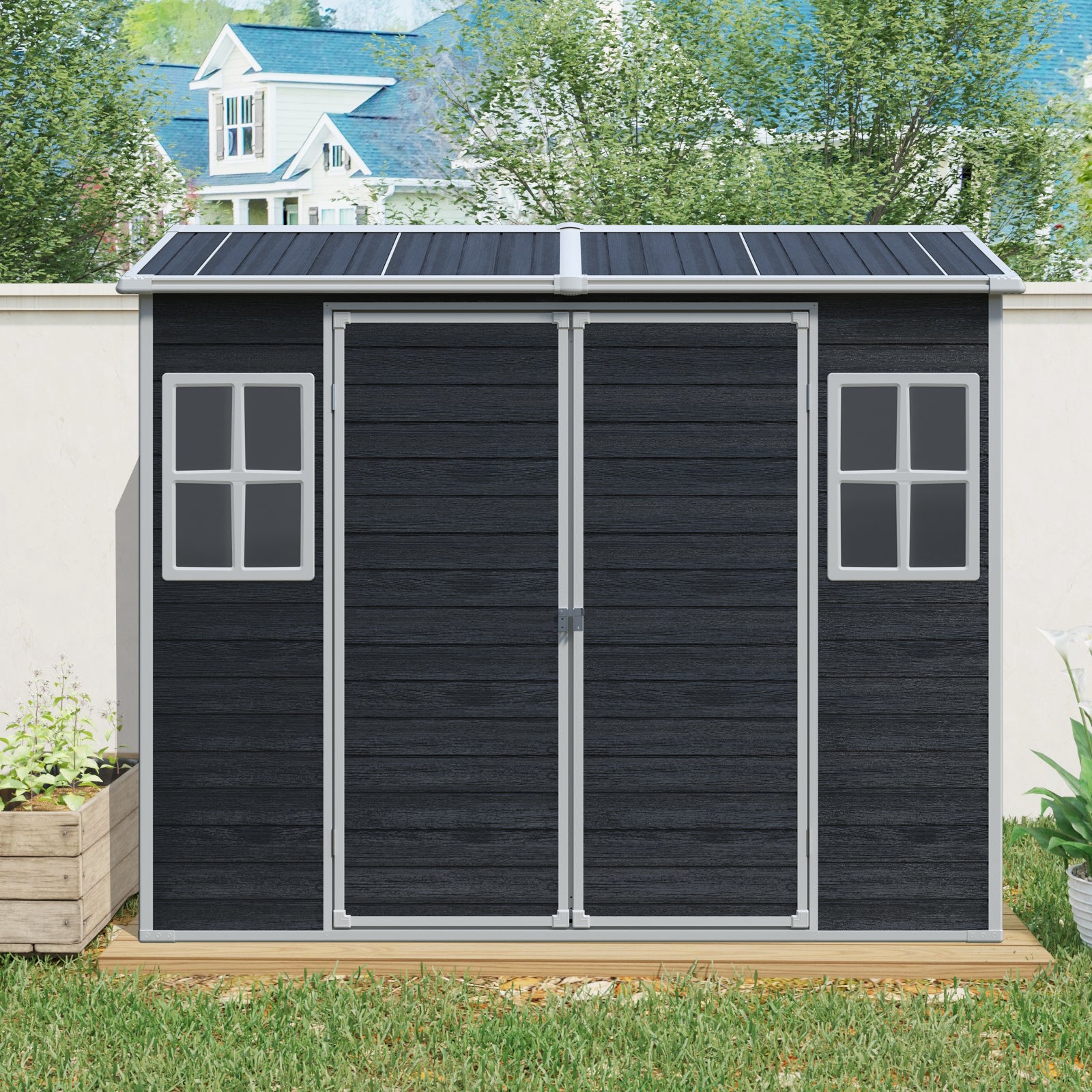 8 ft x 4 ft Outdoor Storage Shed with Two-Window and Double-Door, Plastic Shed with Floor for Gargen,Patio,Yard,Lawn,Black (W540S00046)