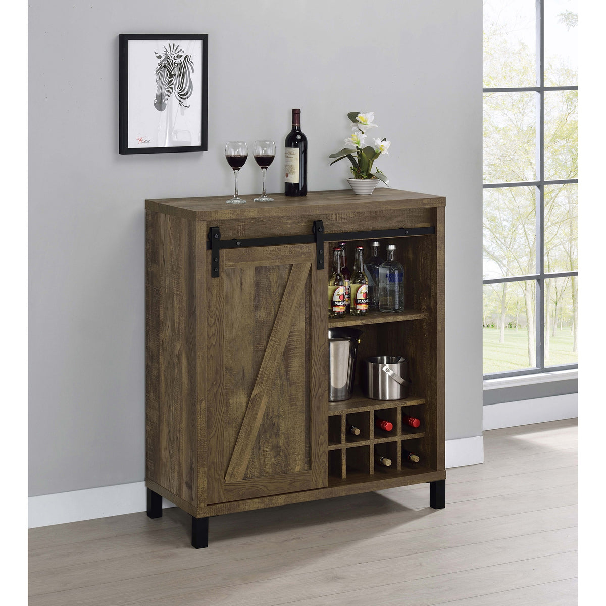 Arcata Rustic Oak Sliding Door Bar Cabinet