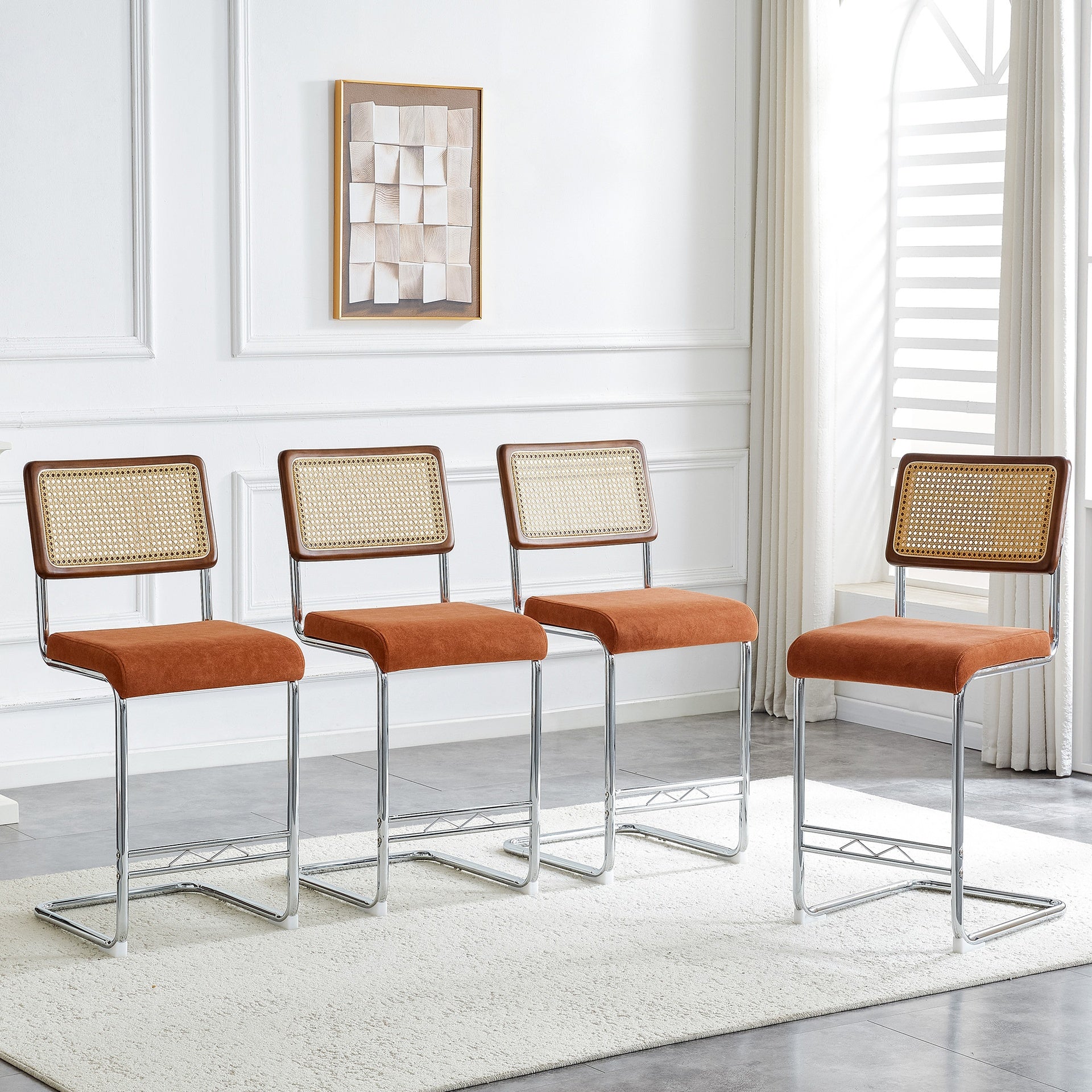 Natural Woven Bar Stool 4-Piece Set with Solid Wood Backrest 25 Inches Medieval Modern Style Counter Stool Coffee Color Velvet Kitchen Stool Chrome Metal Legs.