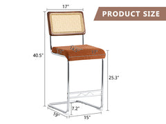 Natural Woven Bar Stool 4-Piece Set with Solid Wood Backrest 25 Inches Medieval Modern Style Counter Stool Coffee Color Velvet Kitchen Stool Chrome Metal Legs.
