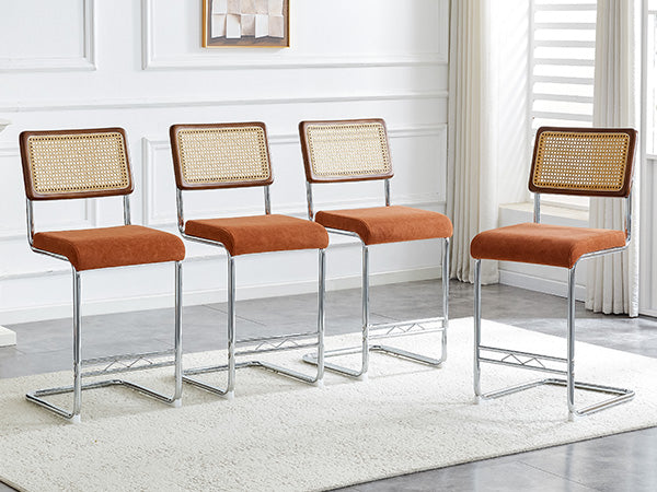 Natural Woven Bar Stool 4-Piece Set with Solid Wood Backrest 25 Inches Medieval Modern Style Counter Stool Coffee Color Velvet Kitchen Stool Chrome Metal Legs.