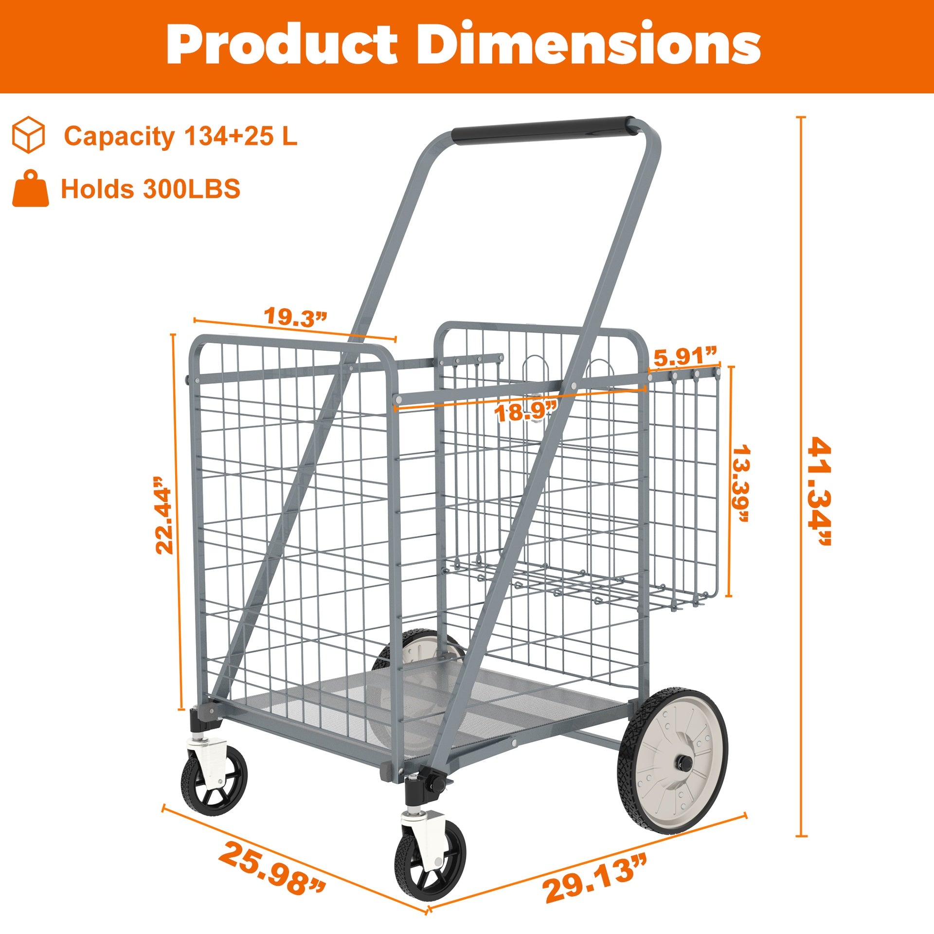 Bigger Super Jumbo Shopping Cart,Grocery Cart on Wheels, Foldable Utility Shopping Carts with Double Basket and 360° Rolling Swivel Wheels for Groceries Laundry,Grey