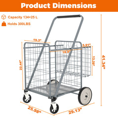 Bigger Super Jumbo Shopping Cart,Grocery Cart on Wheels, Foldable Utility Shopping Carts with Double Basket and 360° Rolling Swivel Wheels for Groceries Laundry,Grey