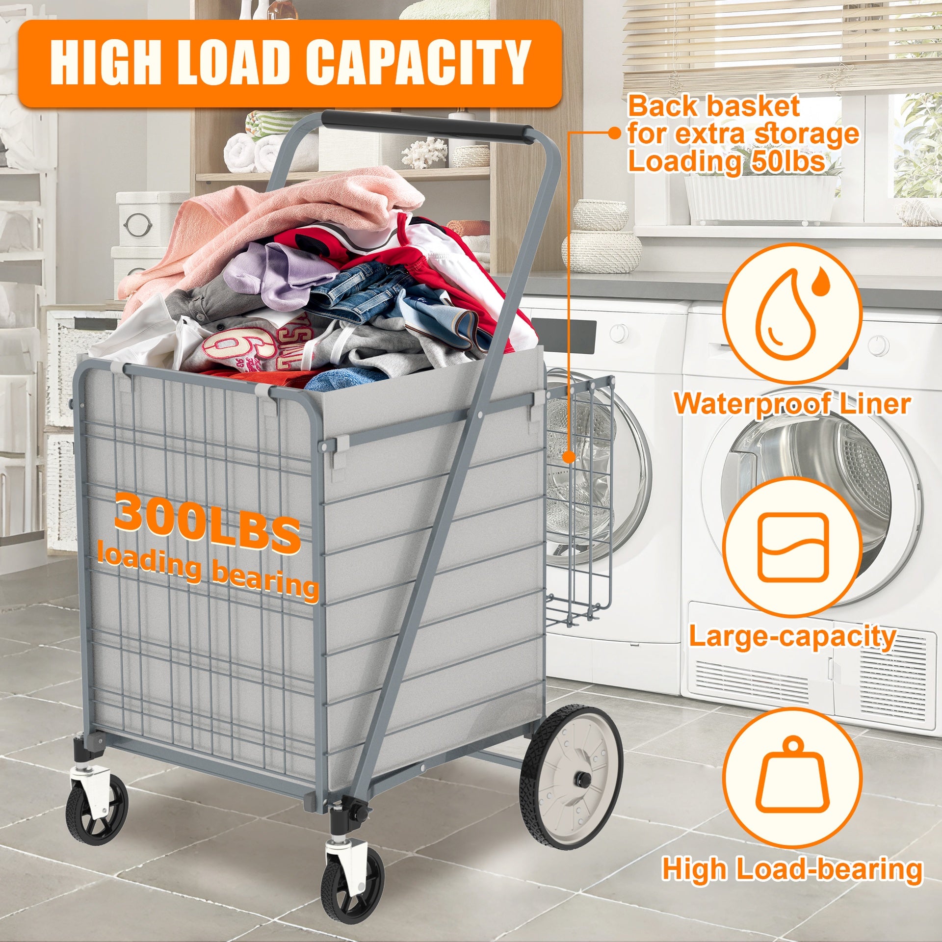 Bigger Super Jumbo Shopping Cart,Grocery Cart on Wheels, Foldable Utility Shopping Carts with Double Basket and 360° Rolling Swivel Wheels for Groceries Laundry,Grey