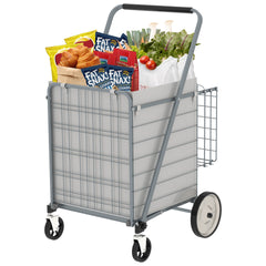 Bigger Super Jumbo Shopping Cart,Grocery Cart on Wheels, Foldable Utility Shopping Carts with Double Basket and 360° Rolling Swivel Wheels for Groceries Laundry,Grey