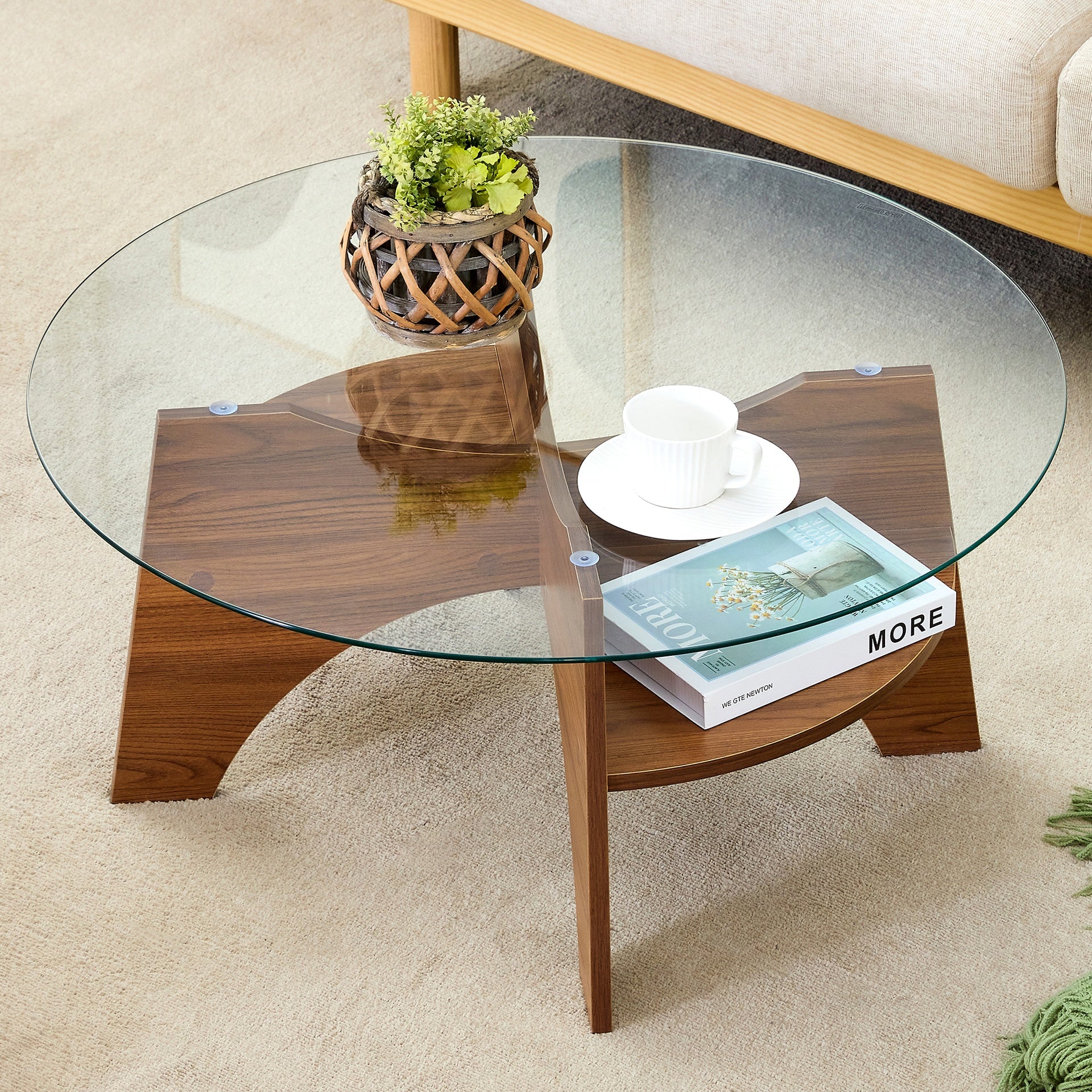 Round Tempered Glass Coffee Table - 31.5" Diameter, Multi-Functional Design.Fan-Shaped Pedestal Design.Walnut Grain MDF Legs.Suitable for dining rooms, living rooms, offices, and more.