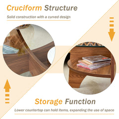 Round Tempered Glass Coffee Table - 31.5" Diameter, Multi-Functional Design.Fan-Shaped Pedestal Design.Walnut Grain MDF Legs.Suitable for dining rooms, living rooms, offices, and more.