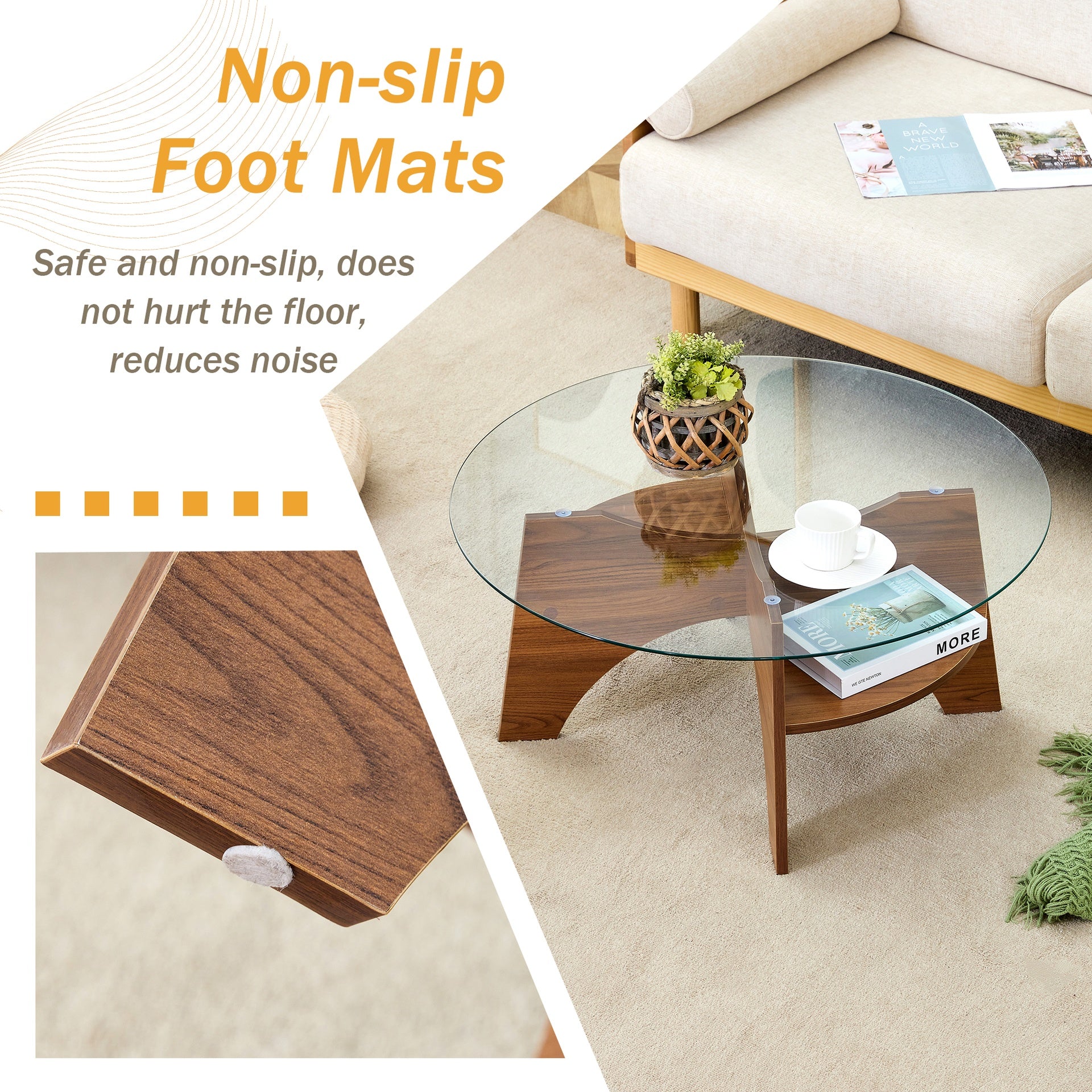 Round Tempered Glass Coffee Table - 31.5" Diameter, Multi-Functional Design.Fan-Shaped Pedestal Design.Walnut Grain MDF Legs.Suitable for dining rooms, living rooms, offices, and more.