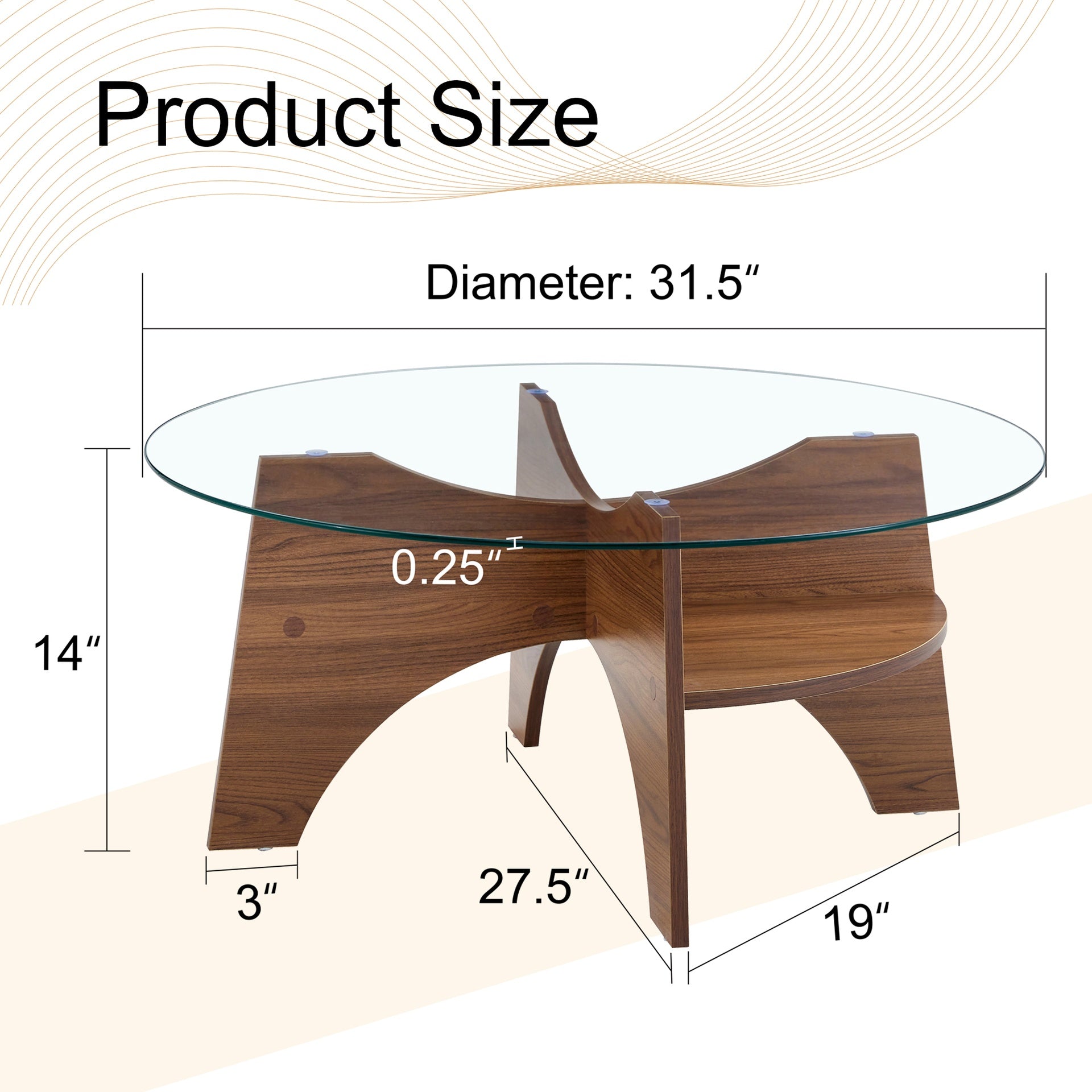 Round Tempered Glass Coffee Table - 31.5" Diameter, Multi-Functional Design.Fan-Shaped Pedestal Design.Walnut Grain MDF Legs.Suitable for dining rooms, living rooms, offices, and more.