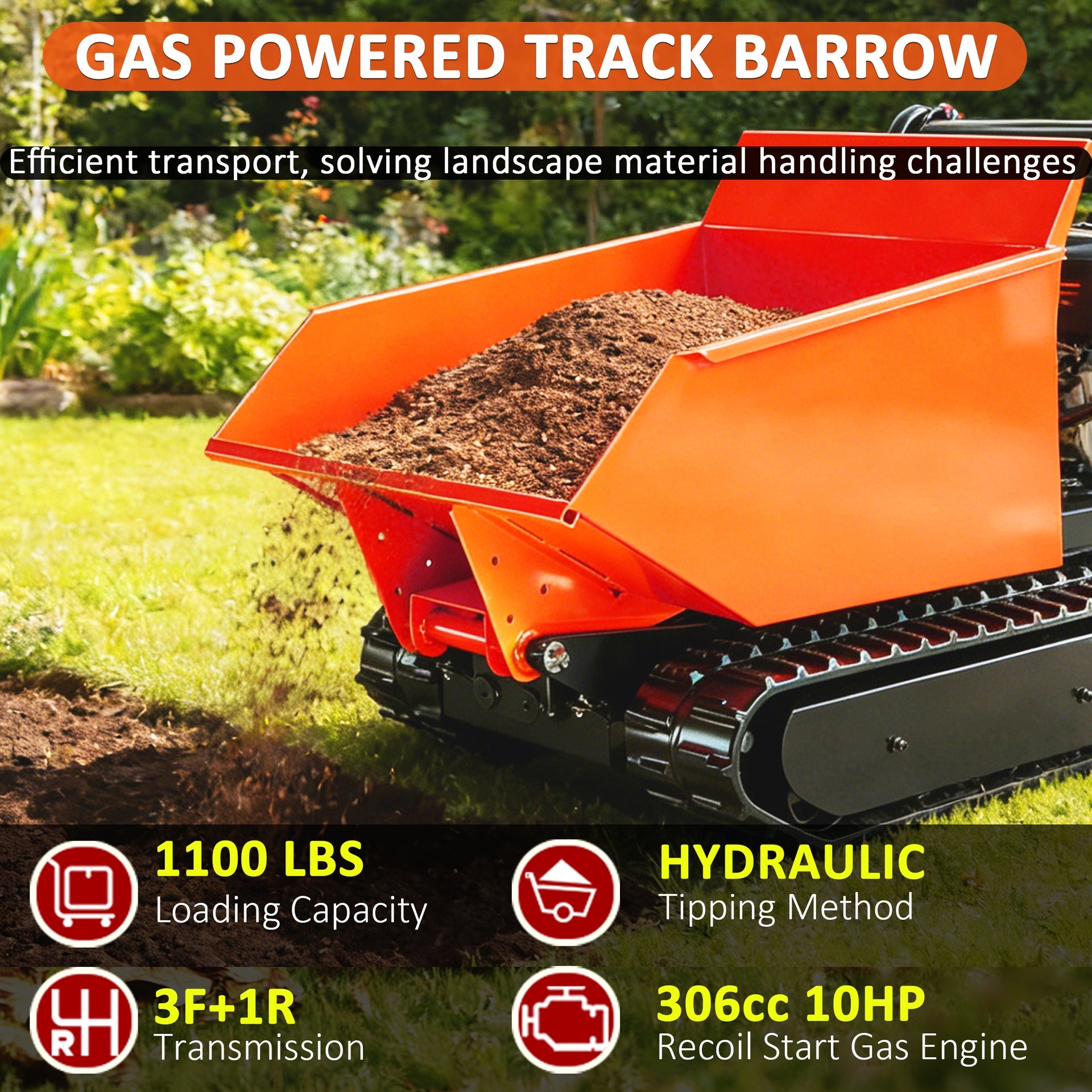 1100 lbs Loading Capacity Track Barrow with Hydraulic Assist, Gas Powered, Briggs XR1450,306cc 10HP, 3F+1R Gearbox