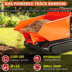 1100 lbs Loading Capacity Track Barrow with Hydraulic Assist, Gas Powered, Briggs XR1450,306cc 10HP, 3F+1R Gearbox