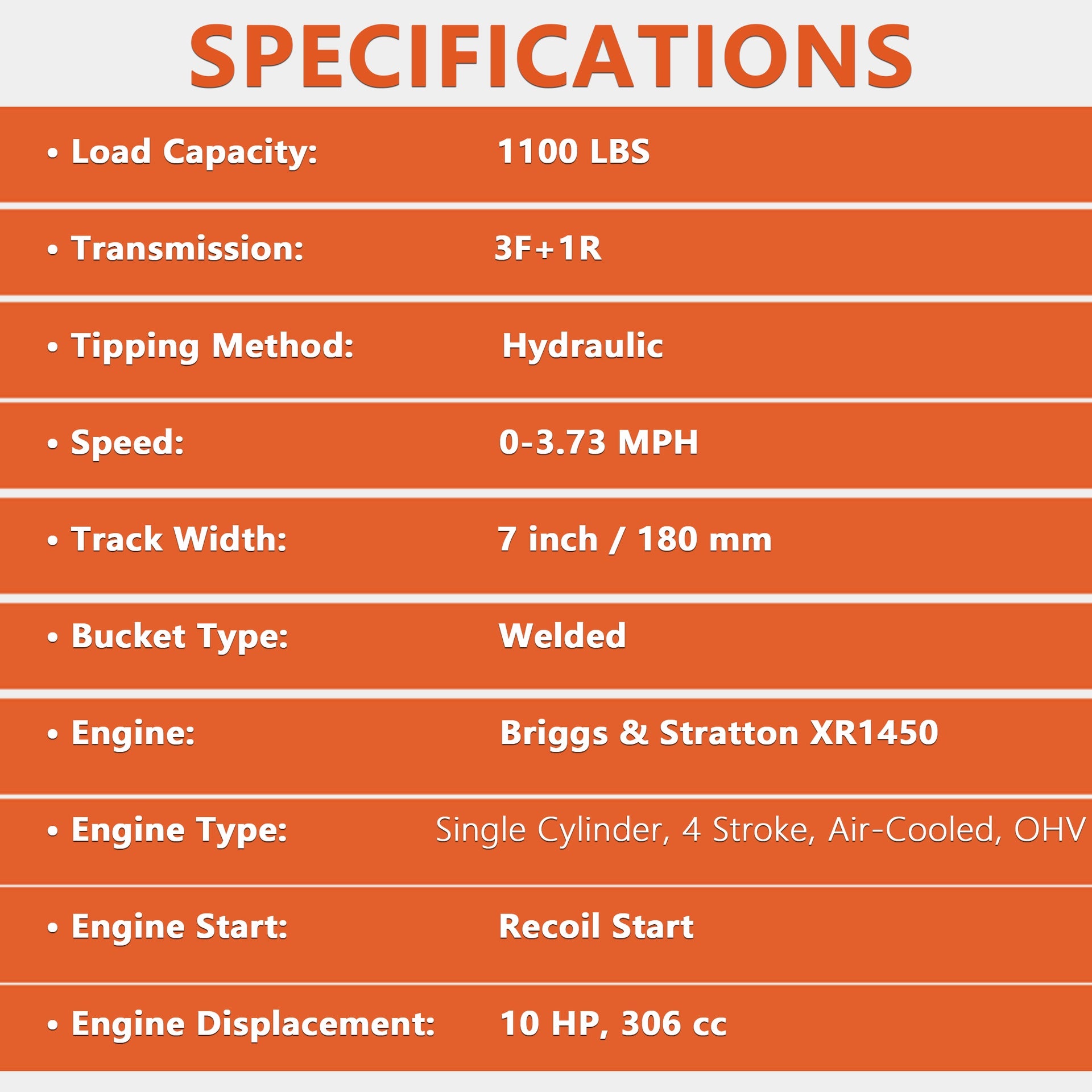 1100 lbs Loading Capacity Track Barrow with Hydraulic Assist, Gas Powered, Briggs XR1450,306cc 10HP, 3F+1R Gearbox