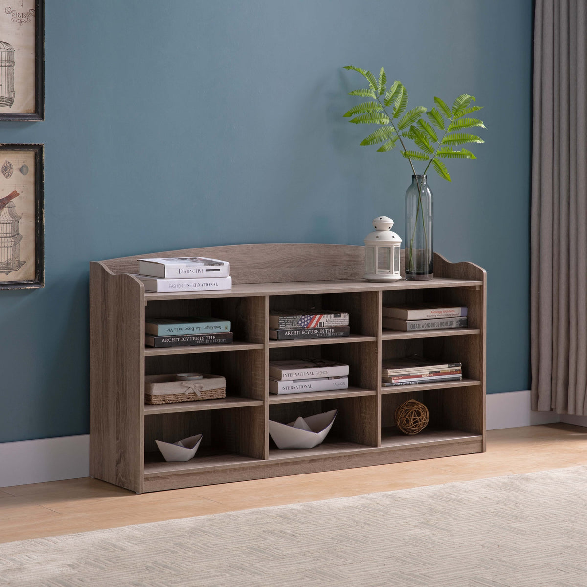 Wooden Shoe Storage Bench, Nine Storage Shelves, Entryway Organizer, Dark Taupe
