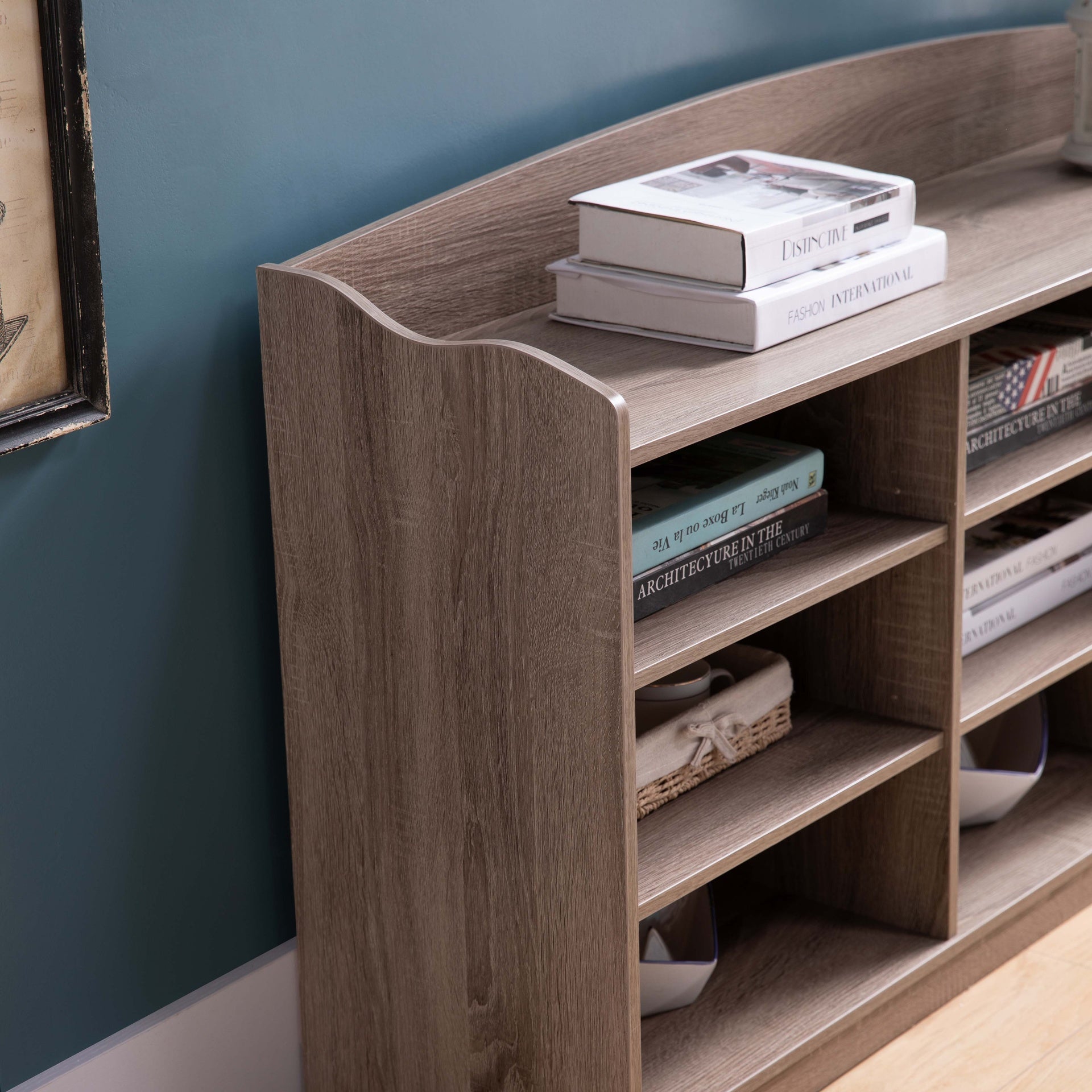 Wooden Shoe Storage Bench, Nine Storage Shelves, Entryway Organizer, Dark Taupe