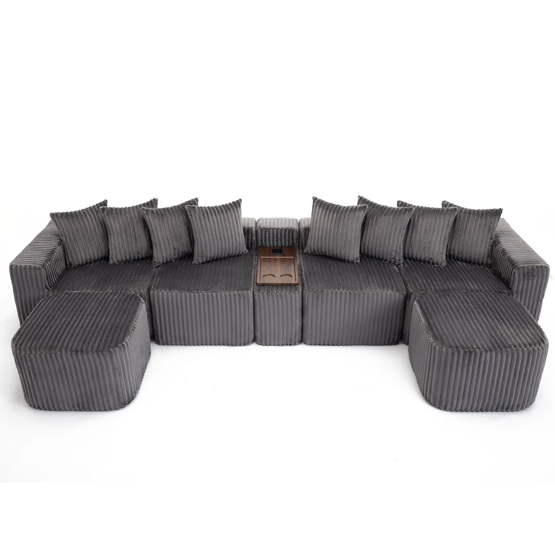 [NEW ARRIVED] [VIDEO PROVIDED] 137.5" U Shaped Sofa , USB & Wireless Charge, Coffee Table Board With a Cup Holder, Oversize Movable Modular Sofa,Movable Footstool,No Assembly,6 Seats,Corduroy,Gray