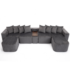[NEW ARRIVED] [VIDEO PROVIDED] 137.5" U Shaped Sofa , USB & Wireless Charge, Coffee Table Board With a Cup Holder, Oversize Movable Modular Sofa,Movable Footstool,No Assembly,6 Seats,Corduroy,Gray