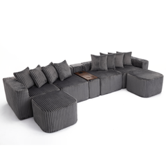 [NEW ARRIVED] [VIDEO PROVIDED] 137.5" U Shaped Sofa , USB & Wireless Charge, Coffee Table Board With a Cup Holder, Oversize Movable Modular Sofa,Movable Footstool,No Assembly,6 Seats,Corduroy,Gray