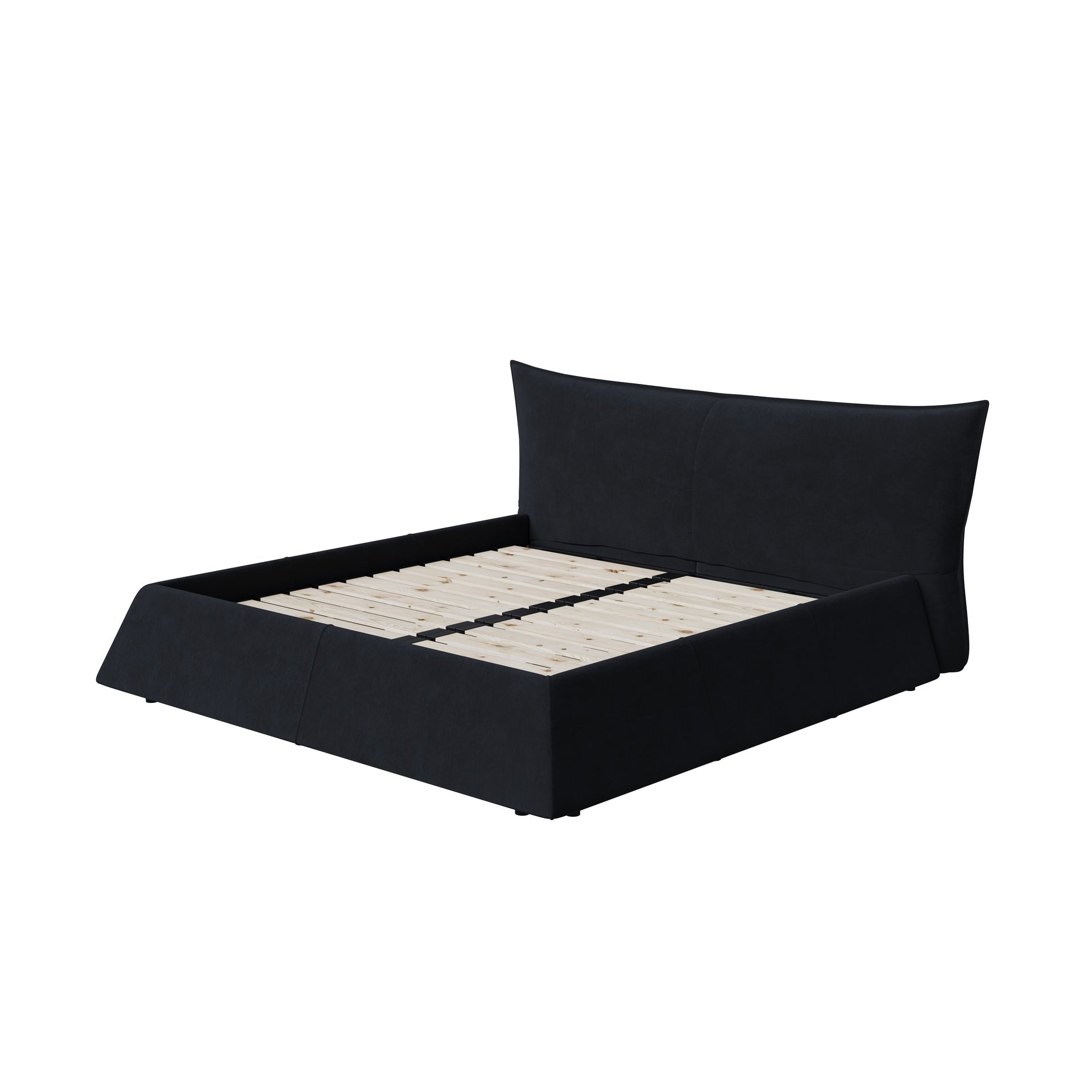 Queen Size Upholstered Platform Bed with Special Shaped Velvet  Headboard, Metal & Solid Wood Frame,Black