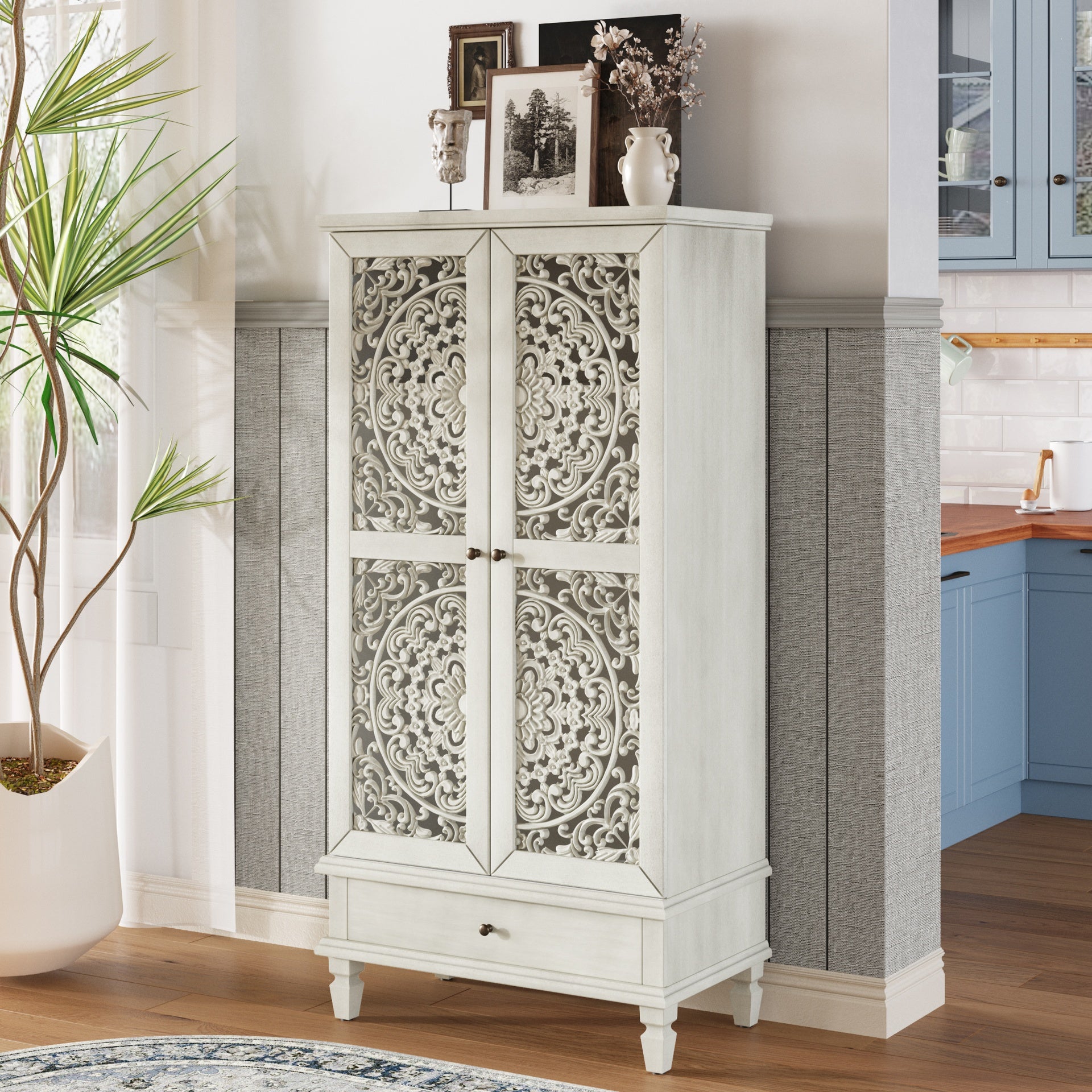 Rustic 55'' Tall Storage Cabinet with Drawer, Decorative 2-Door Carved Wood Accent Cabinet with Solid Wood Legs for Living Room, Hallway, Dining Room, Antique Grey White