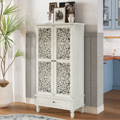 Rustic 55'' Tall Storage Cabinet with Drawer, Decorative 2-Door Carved Wood Accent Cabinet with Solid Wood Legs for Living Room, Hallway, Dining Room, Antique Grey White