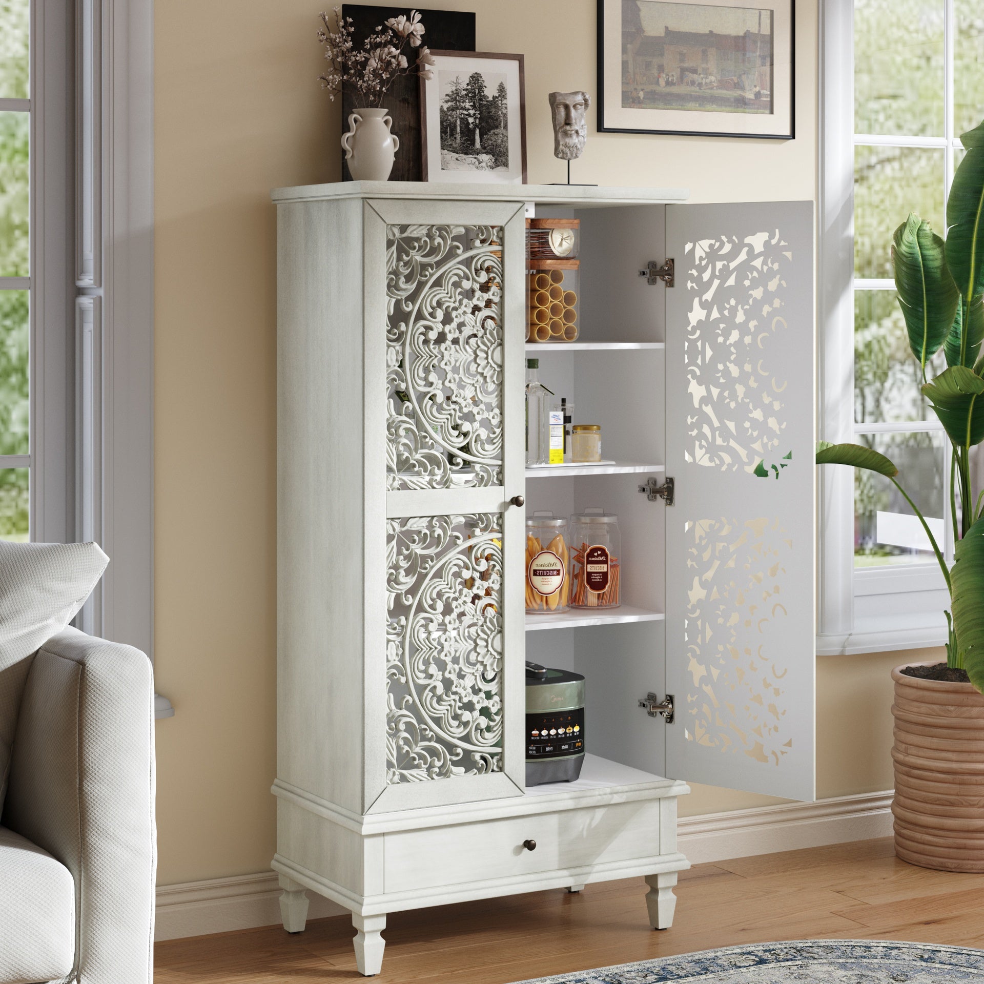 Rustic 55'' Tall Storage Cabinet with Drawer, Decorative 2-Door Carved Wood Accent Cabinet with Solid Wood Legs for Living Room, Hallway, Dining Room, Antique Grey White