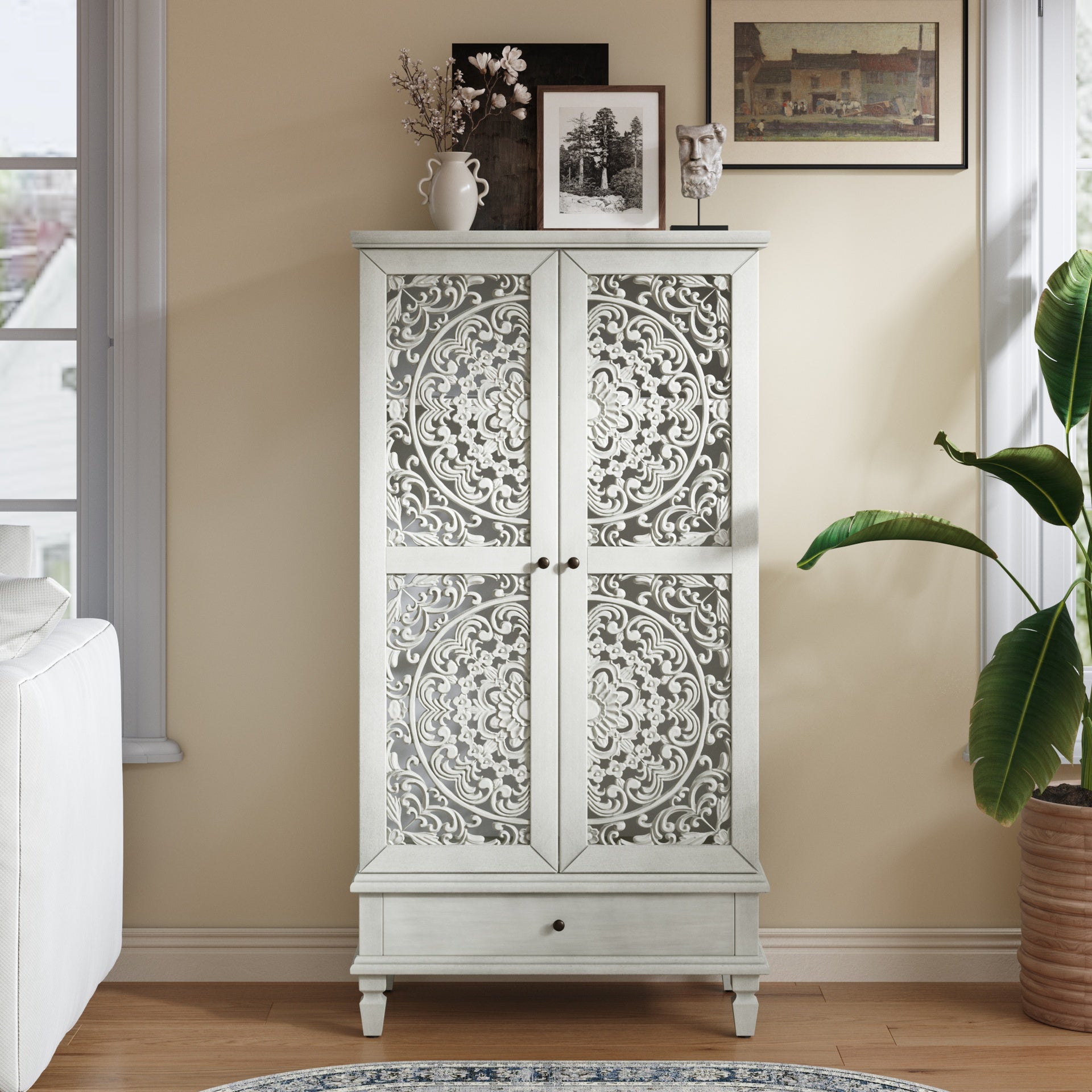 Rustic 55'' Tall Storage Cabinet with Drawer, Decorative 2-Door Carved Wood Accent Cabinet with Solid Wood Legs for Living Room, Hallway, Dining Room, Antique Grey White
