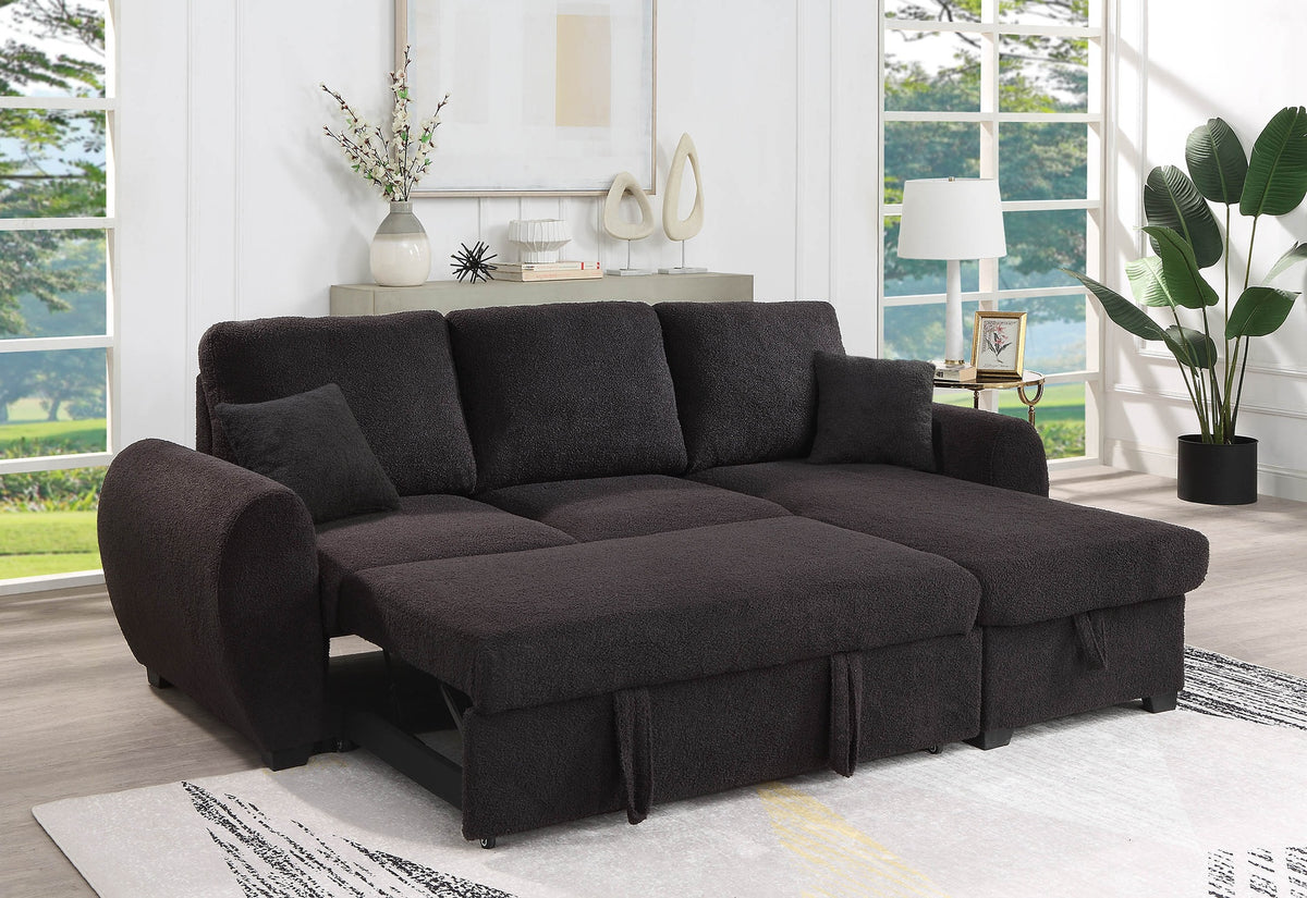 Veronica 95" Black Teddy Fleece Reversible Sleeper Sectional Sofa with Storage Chaise