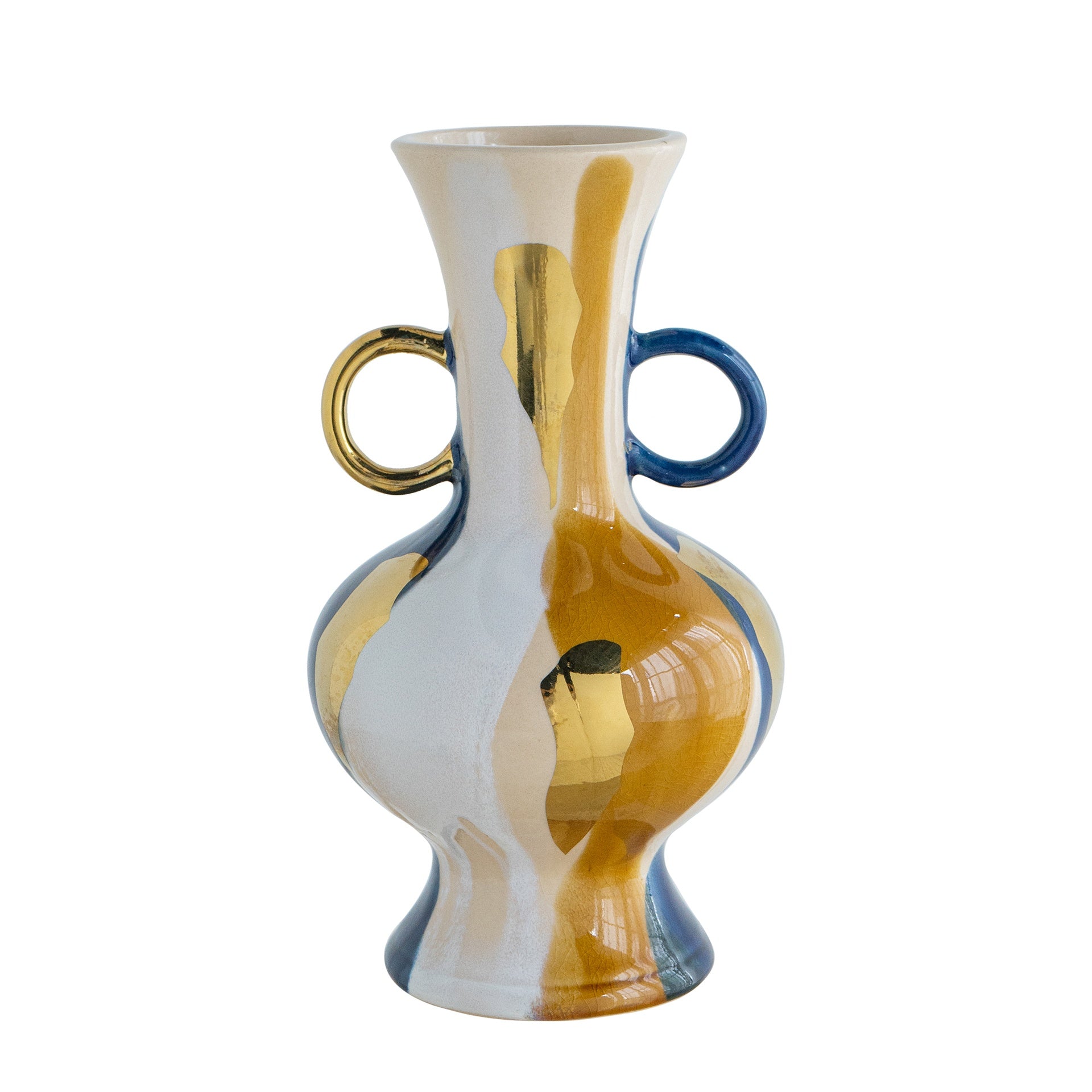 5.9x5.9x10.6" Round Ceramic Vase with Abstract Multicolored Finish and Small Handles