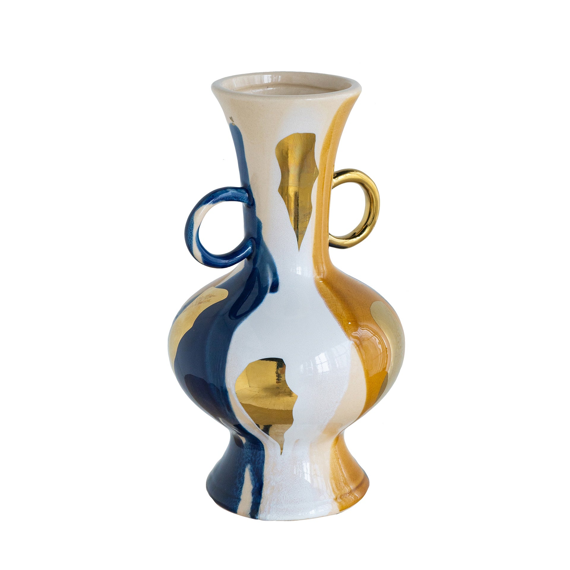 5.9x5.9x10.6" Round Ceramic Vase with Abstract Multicolored Finish and Small Handles