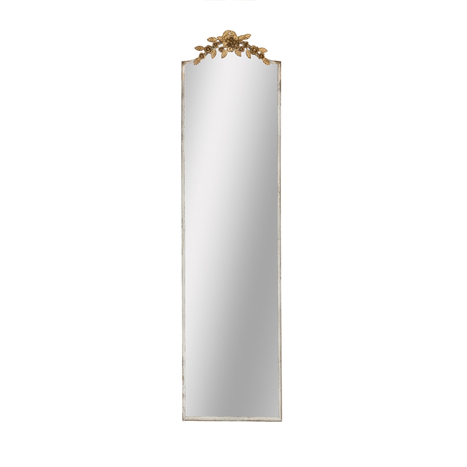 18.1x1.6x70.9" Large Rectangular Full-Length Mirror with Distressed Ivory Frame and Gold Floral Crown