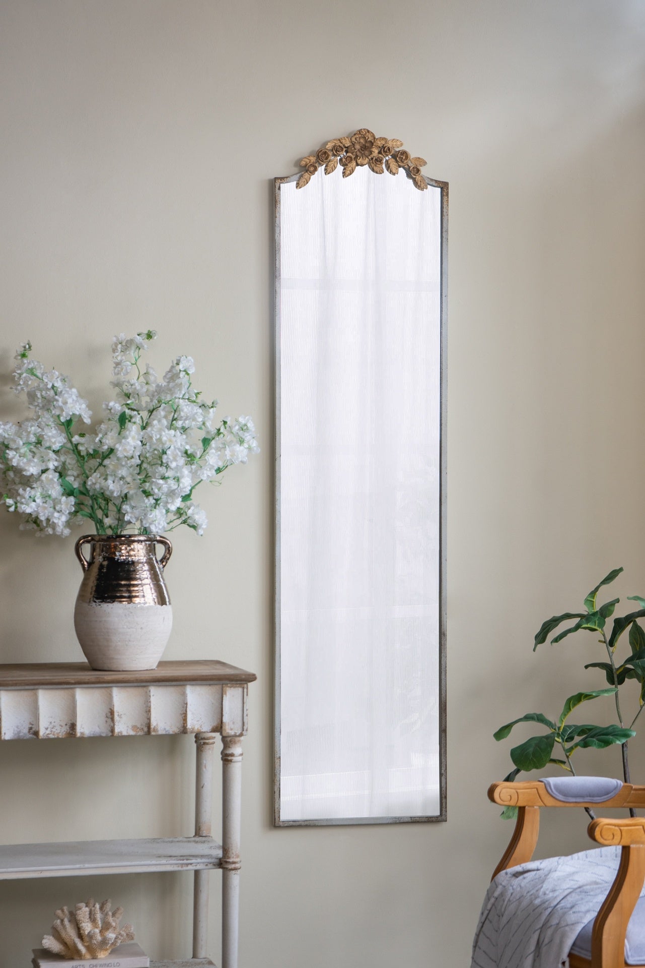 18.1x1.6x70.9" Large Rectangular Full-Length Mirror with Distressed Ivory Frame and Gold Floral Crown