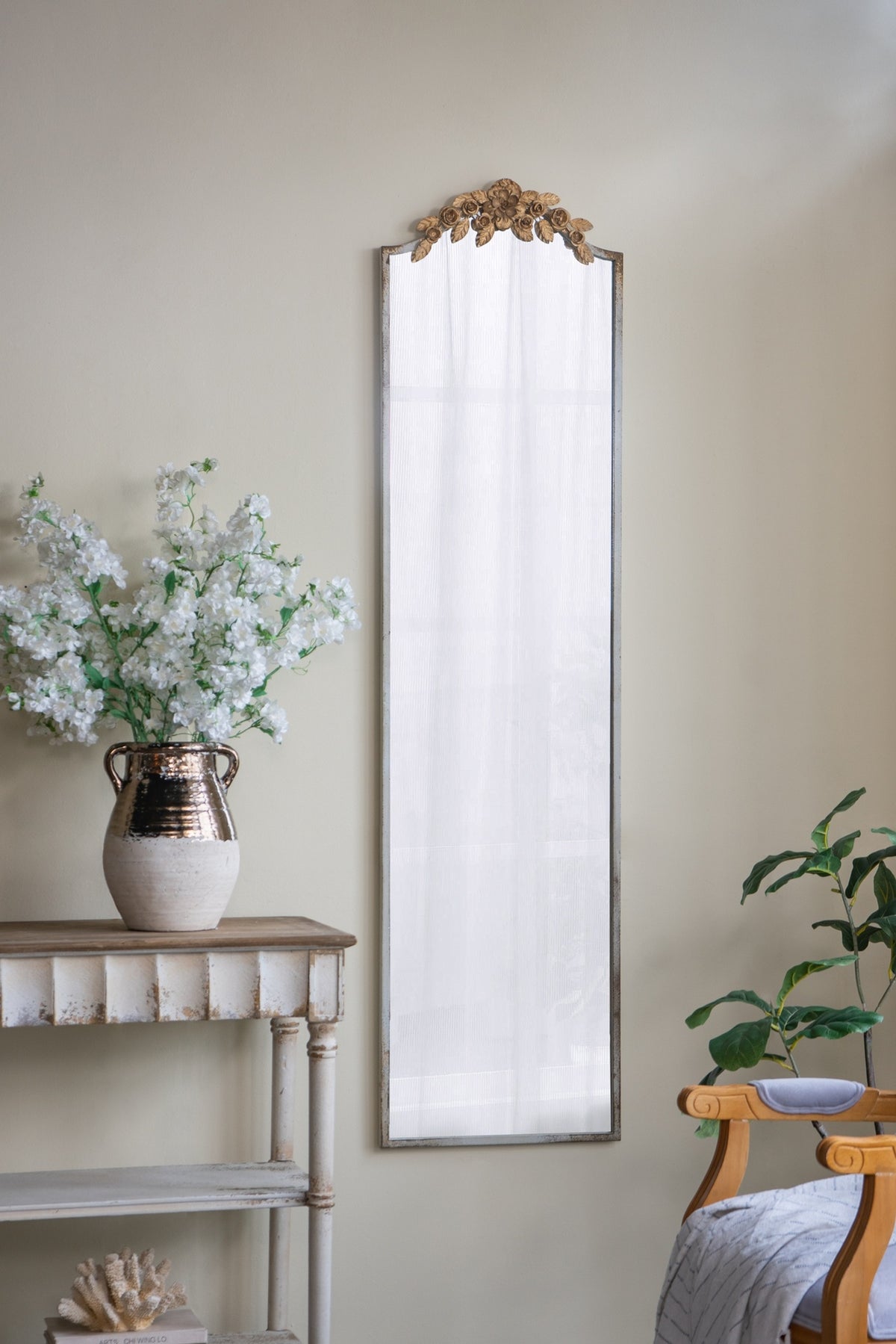 18.1x1.6x70.9" Large Rectangular Full-Length Mirror with Distressed Ivory Frame and Gold Floral Crown