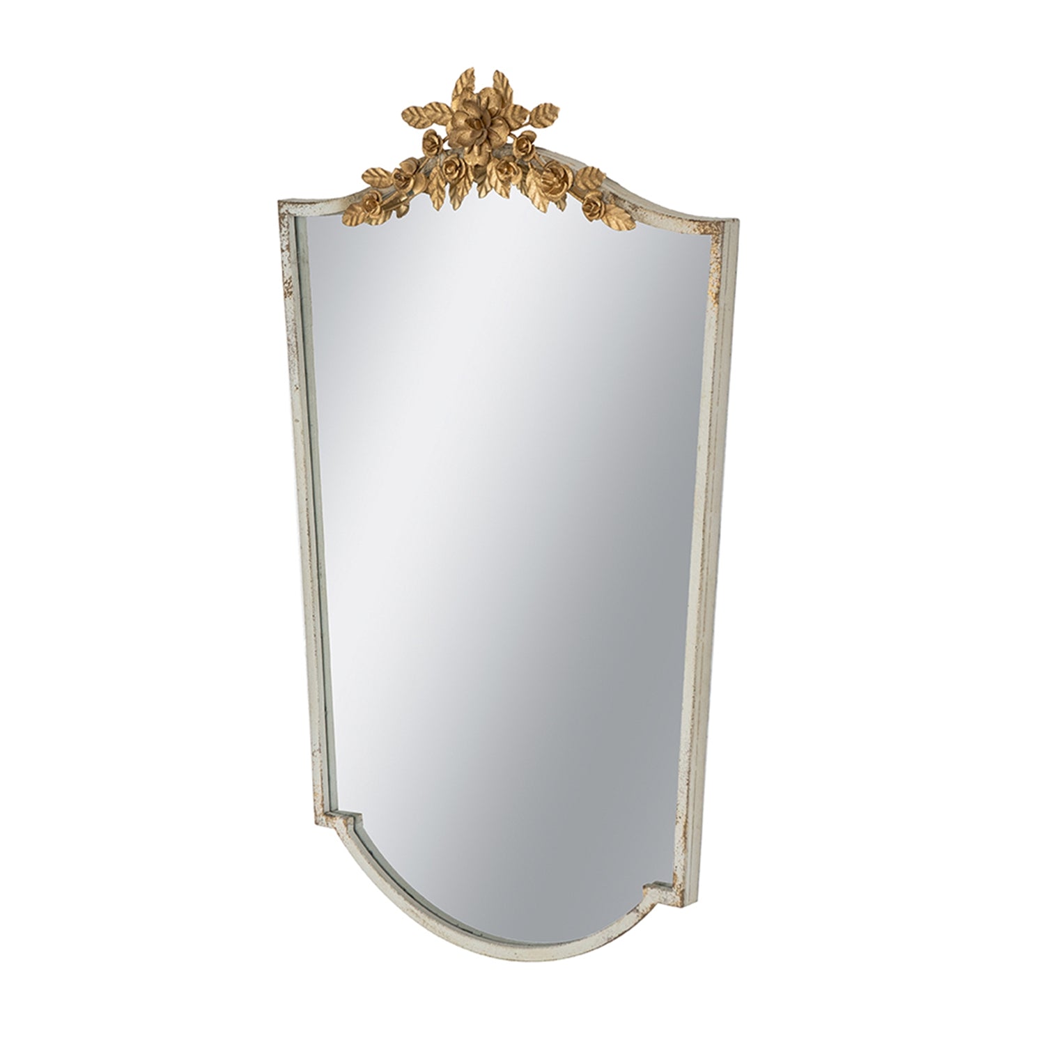 24x1.6x37.4" Decorative Arched Wall Mirror with Distressed Ivory Frame and Gold Floral Crown
