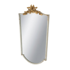 24x1.6x37.4" Decorative Arched Wall Mirror with Distressed Ivory Frame and Gold Floral Crown
