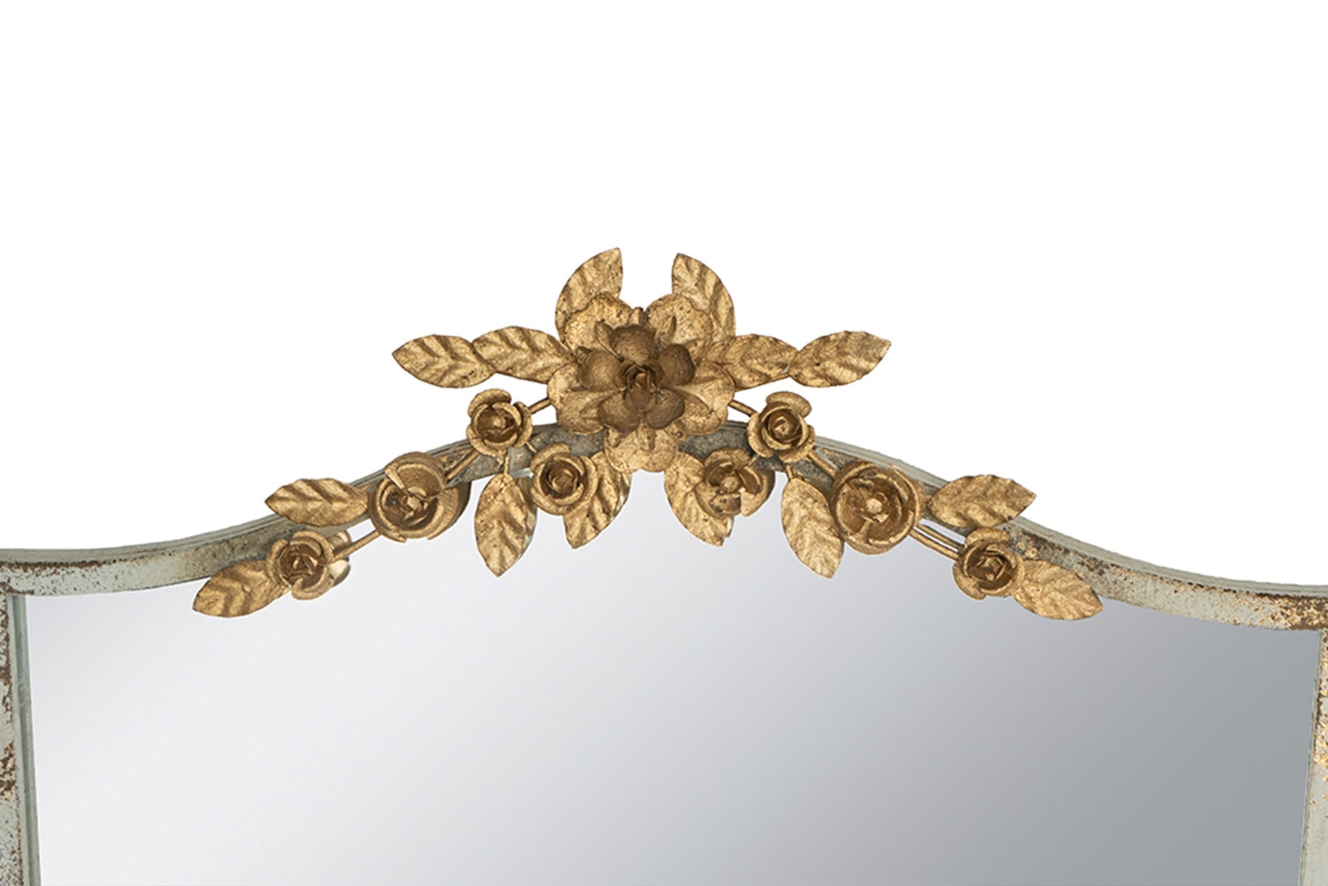 24x1.6x37.4" Decorative Arched Wall Mirror with Distressed Ivory Frame and Gold Floral Crown
