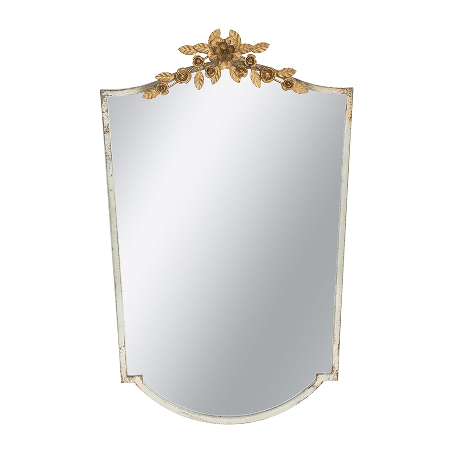 24x1.6x37.4" Decorative Arched Wall Mirror with Distressed Ivory Frame and Gold Floral Crown