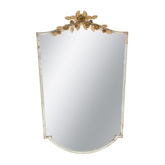 24x1.6x37.4" Decorative Arched Wall Mirror with Distressed Ivory Frame and Gold Floral Crown