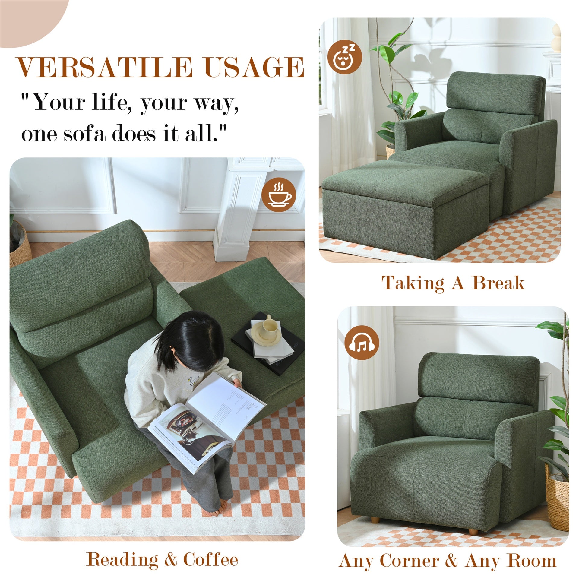 Oversized Chair w/Storage Ottoman, Wide Accent Armchair Chair for Living Room, Modern Lounge Chair, Upholstered Mid-Century Reading Chair, Comfy Living Room Chair, Deep Seat Sofa Couch(Dark Green)