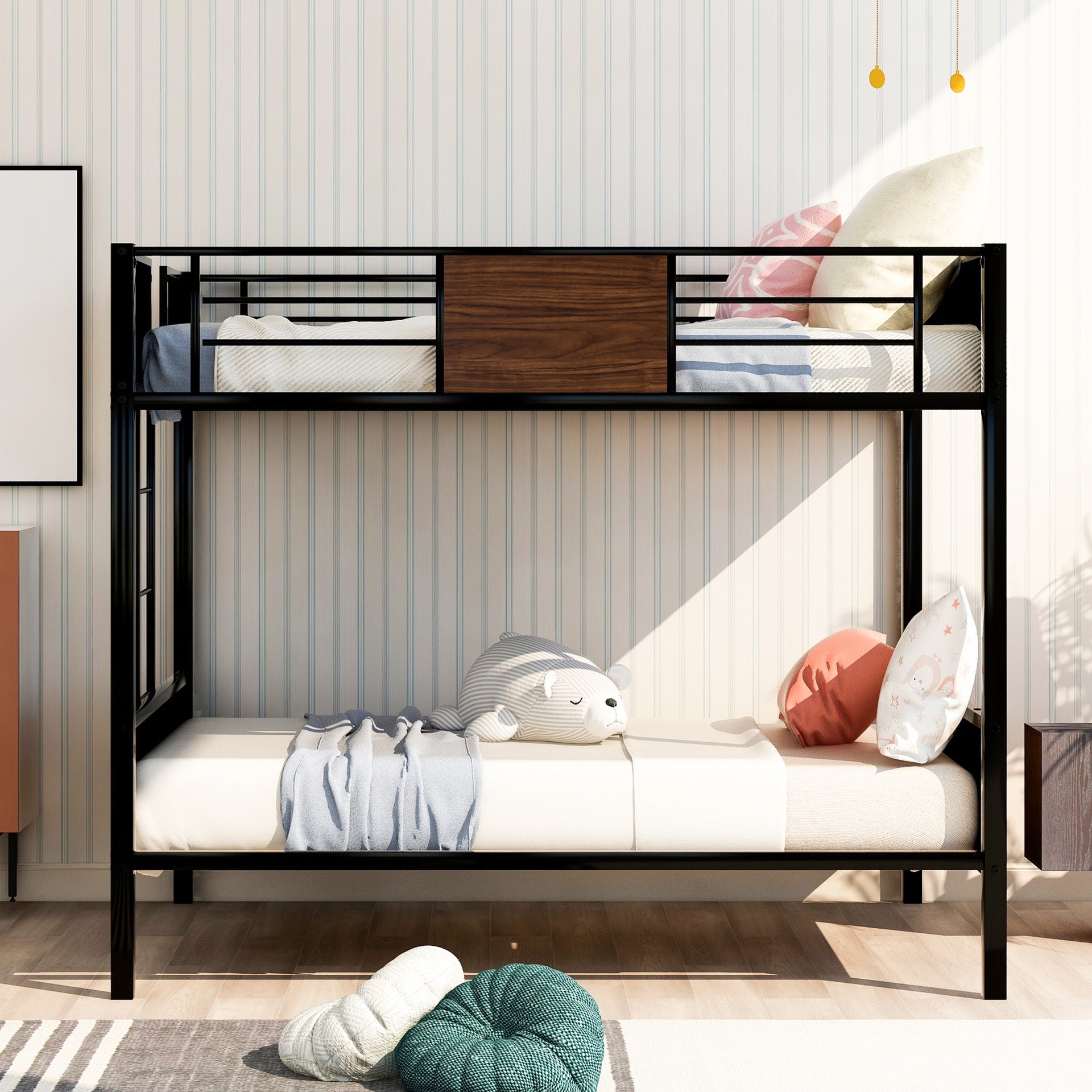 Full-over-full bunk bed modern style steel frame bunk bed with safety rail, built-in ladder for bedroom, dorm, boys, girls, adults(OLD SKU: MF190840AAD)