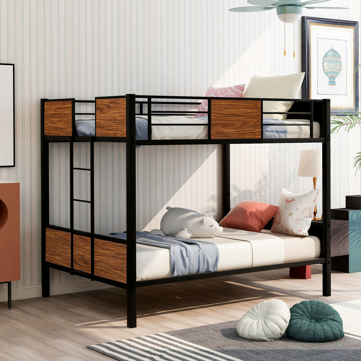 Full-over-full bunk bed modern style steel frame bunk bed with safety rail, built-in ladder for bedroom, dorm, boys, girls, adults(OLD SKU: MF190840AAD)