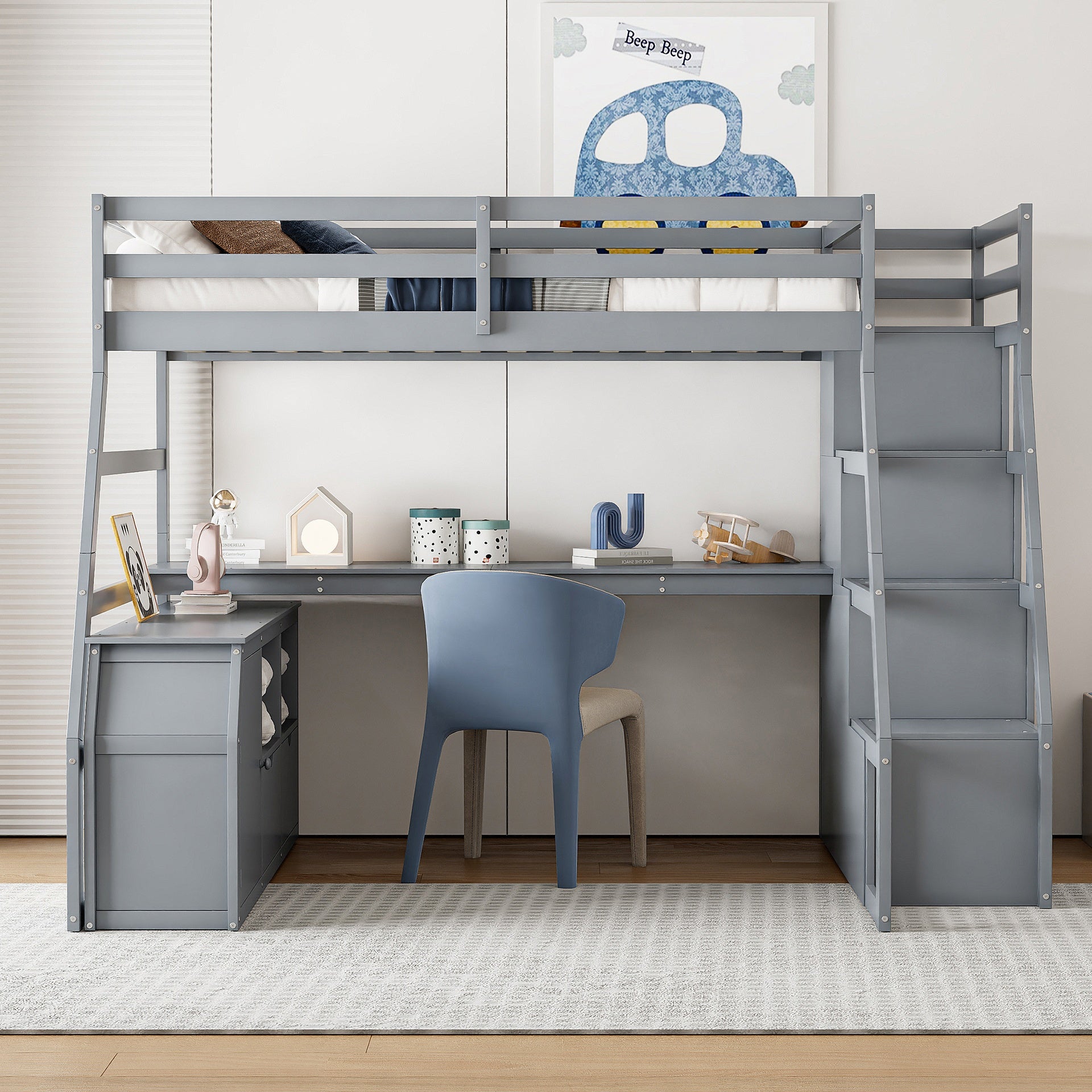 Full Size Loft Bed with 7 Drawers 2 Shelves and Desk - Gray
