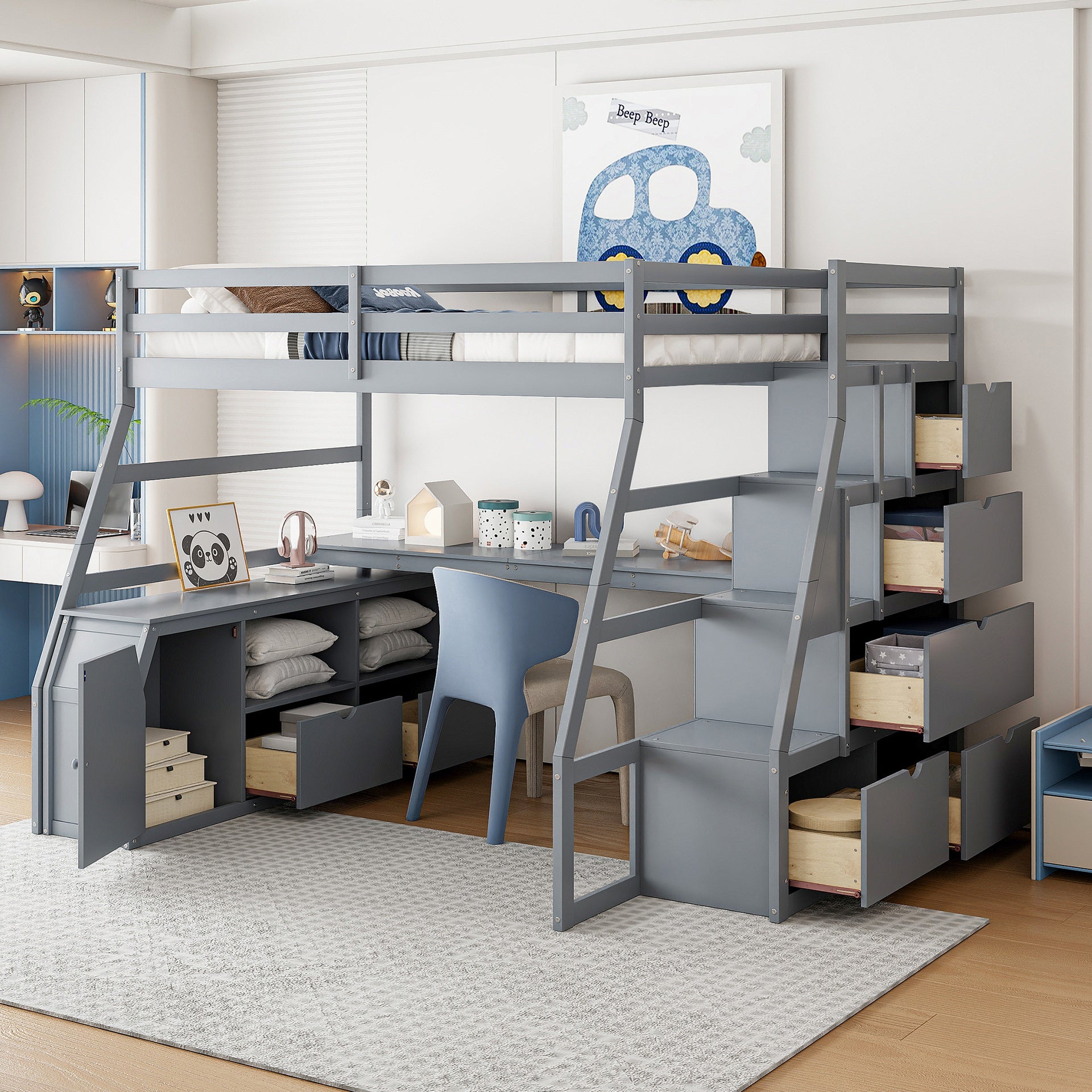 Full Size Loft Bed with 7 Drawers 2 Shelves and Desk - Gray
