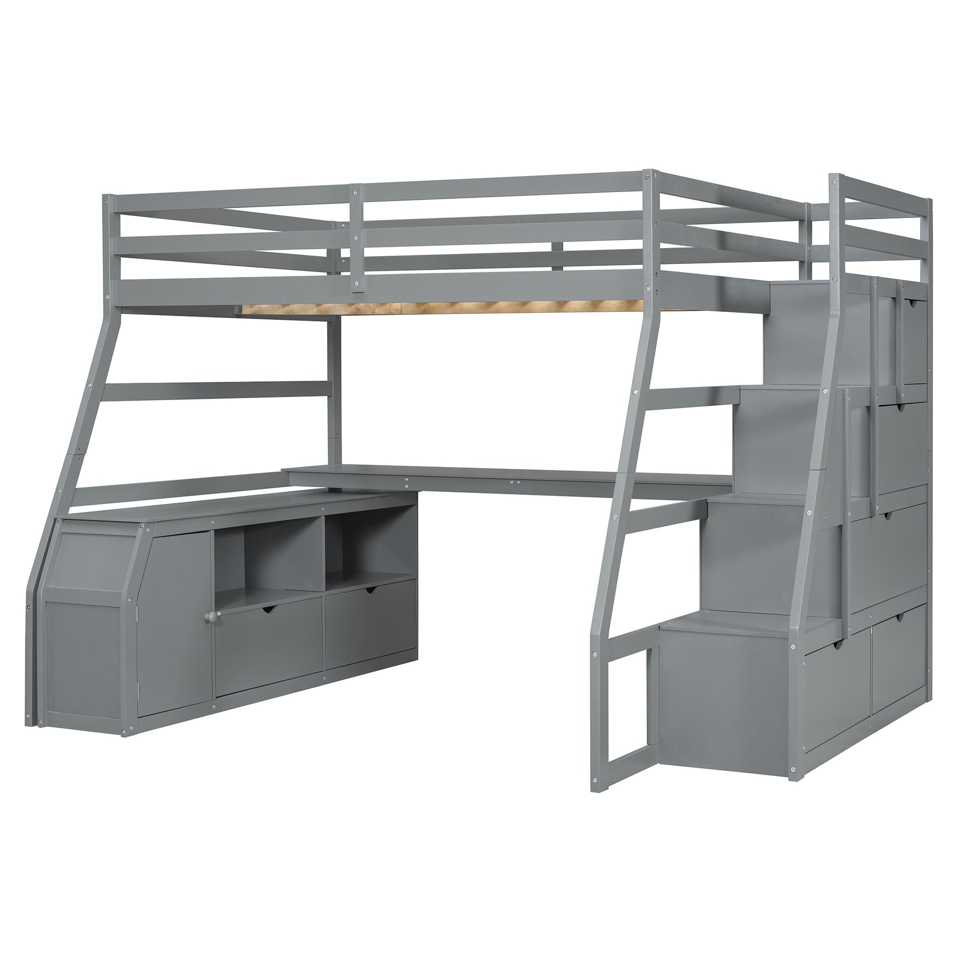 Full Size Loft Bed with 7 Drawers 2 Shelves and Desk - Gray