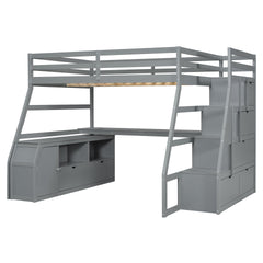 Full Size Loft Bed with 7 Drawers 2 Shelves and Desk - Gray