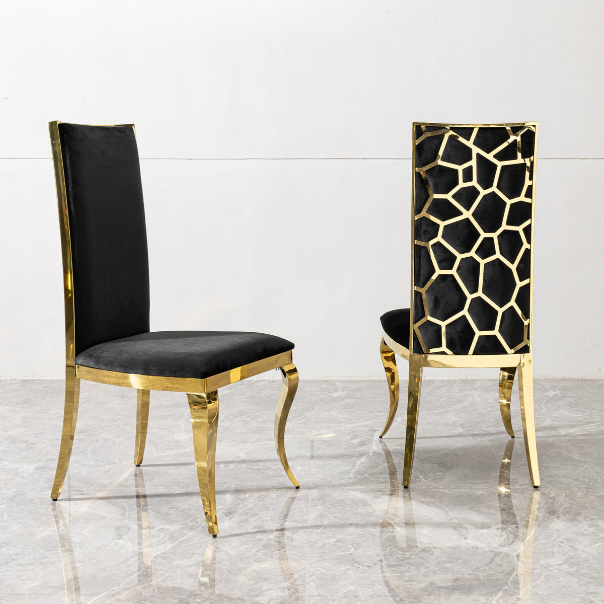 Dining chair black cushion velvet with unique design backrest set of 4, mirror gold stainless steel legs chair for dining room