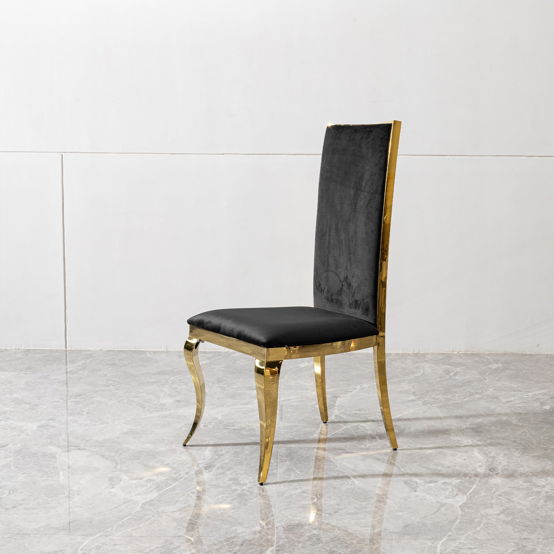 Dining chair black cushion velvet with unique design backrest set of 4, mirror gold stainless steel legs chair for dining room